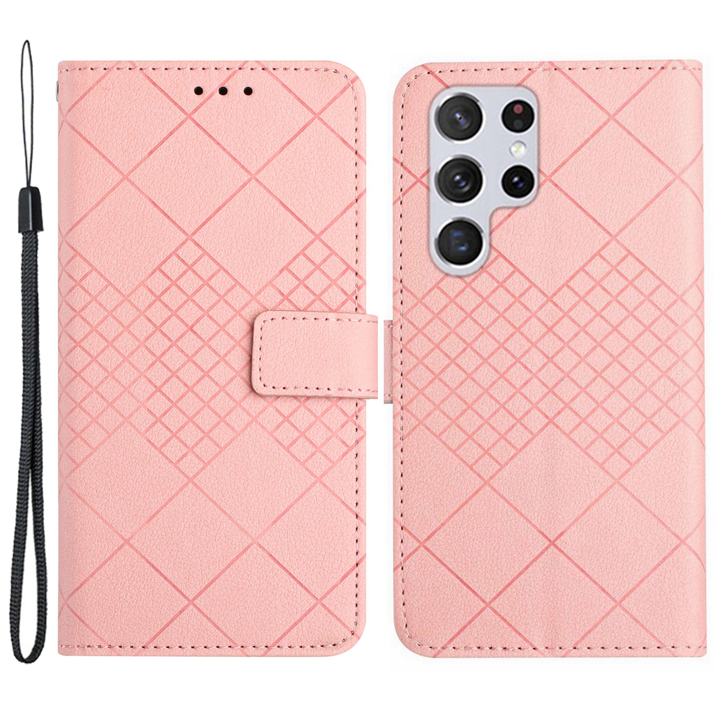 HT06 For Samsung Galaxy S24 Ultra Case Litchi Texture Rhombus Imprinted Wallet Cover - Pink