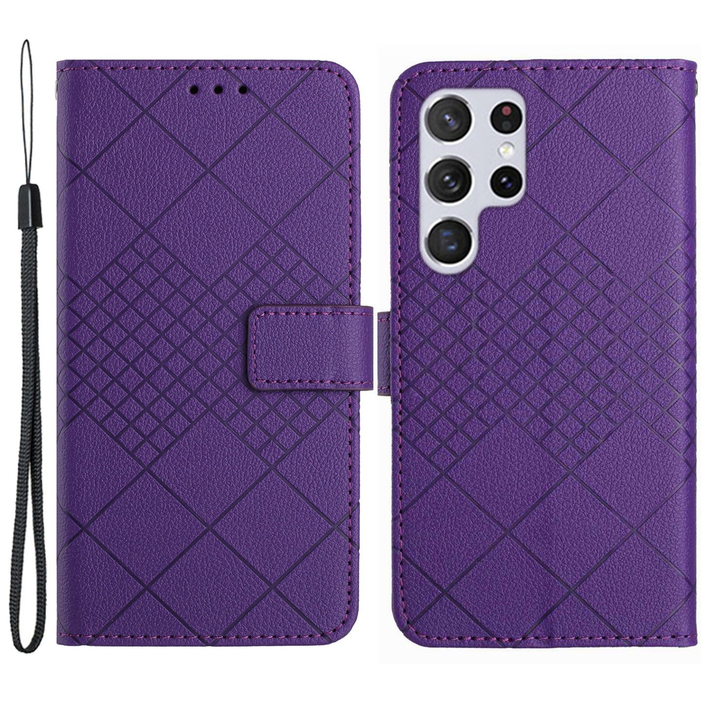 HT06 For Samsung Galaxy S24 Ultra Case Litchi Texture Rhombus Imprinted Wallet Cover - Dark Purple