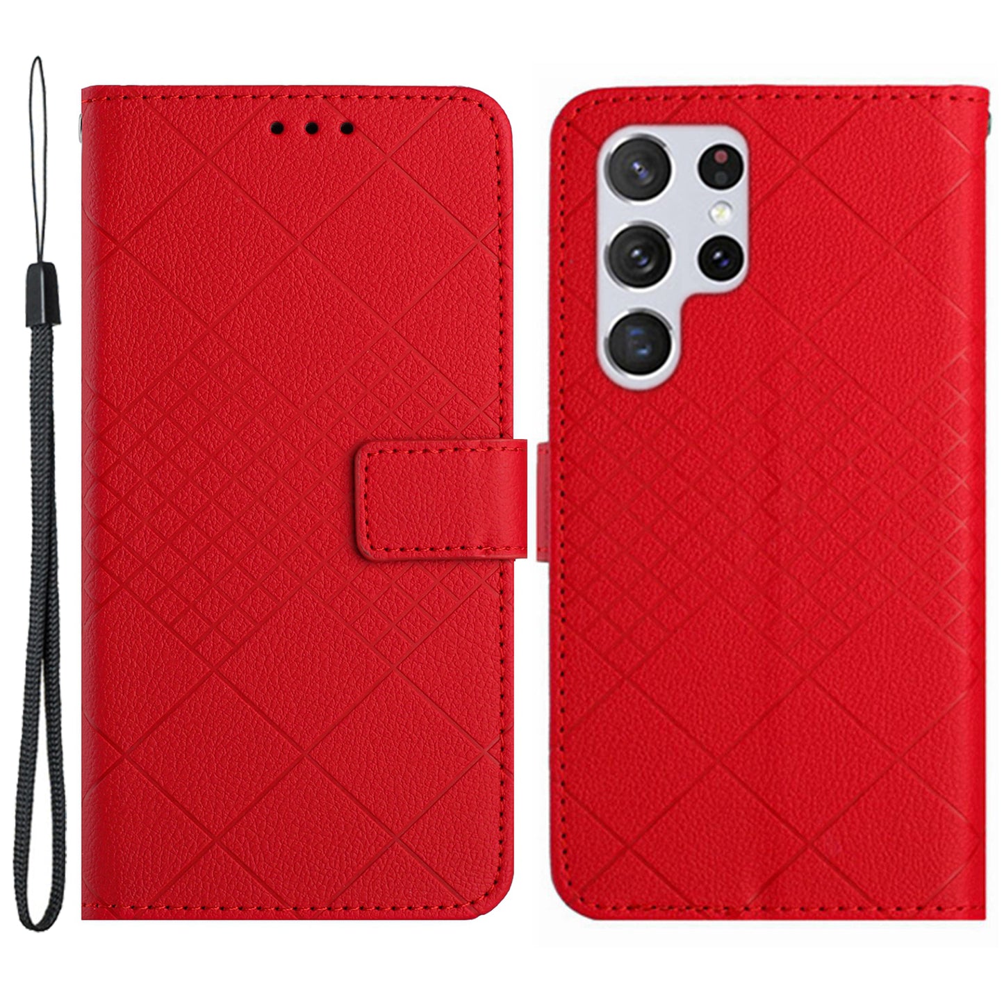 HT06 For Samsung Galaxy S24 Ultra Case Litchi Texture Rhombus Imprinted Wallet Cover - Red