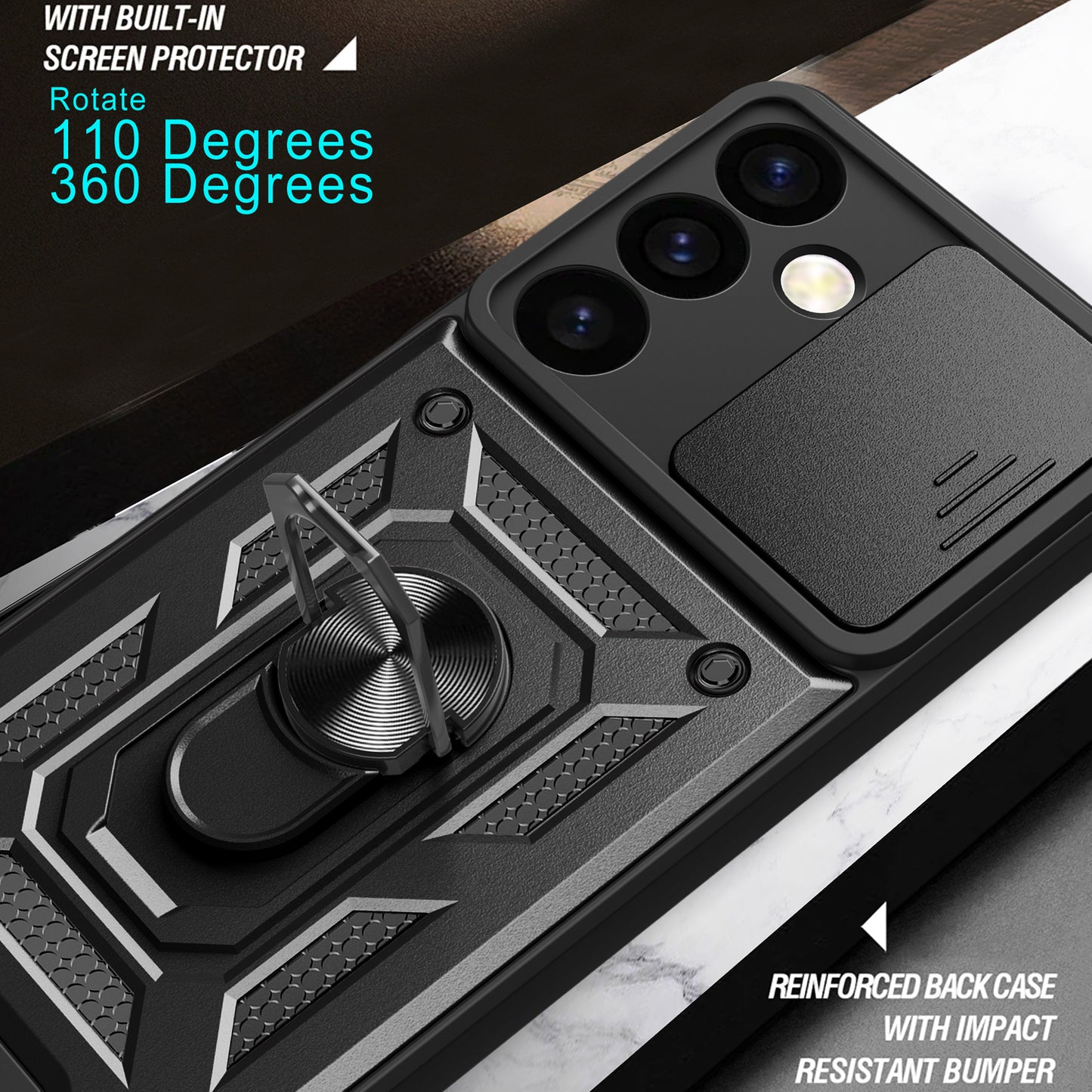 For Samsung Galaxy S24+ Case PC+TPU Kickstand Slide Lens Lid Mobile Phone Cover - Black