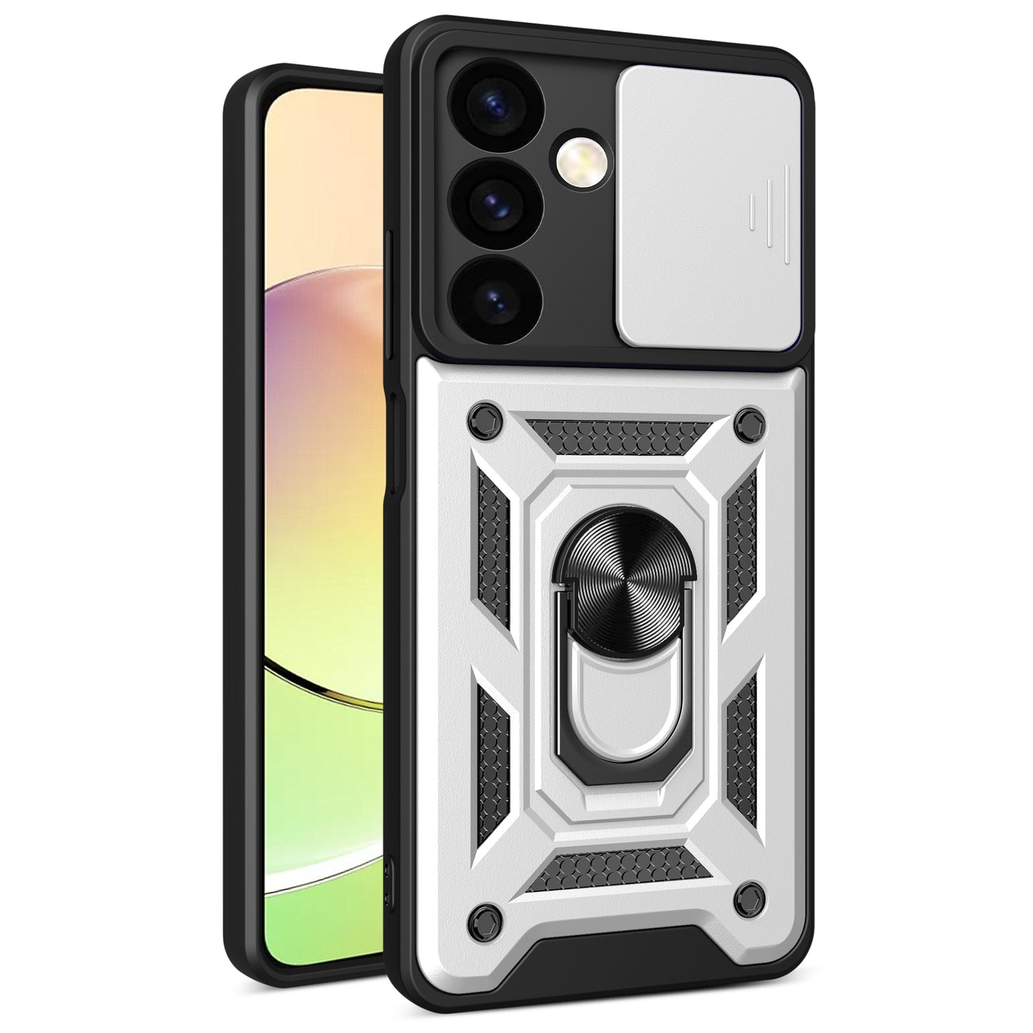 For Samsung Galaxy S24+ Case PC+TPU Kickstand Slide Lens Lid Mobile Phone Cover - Silver