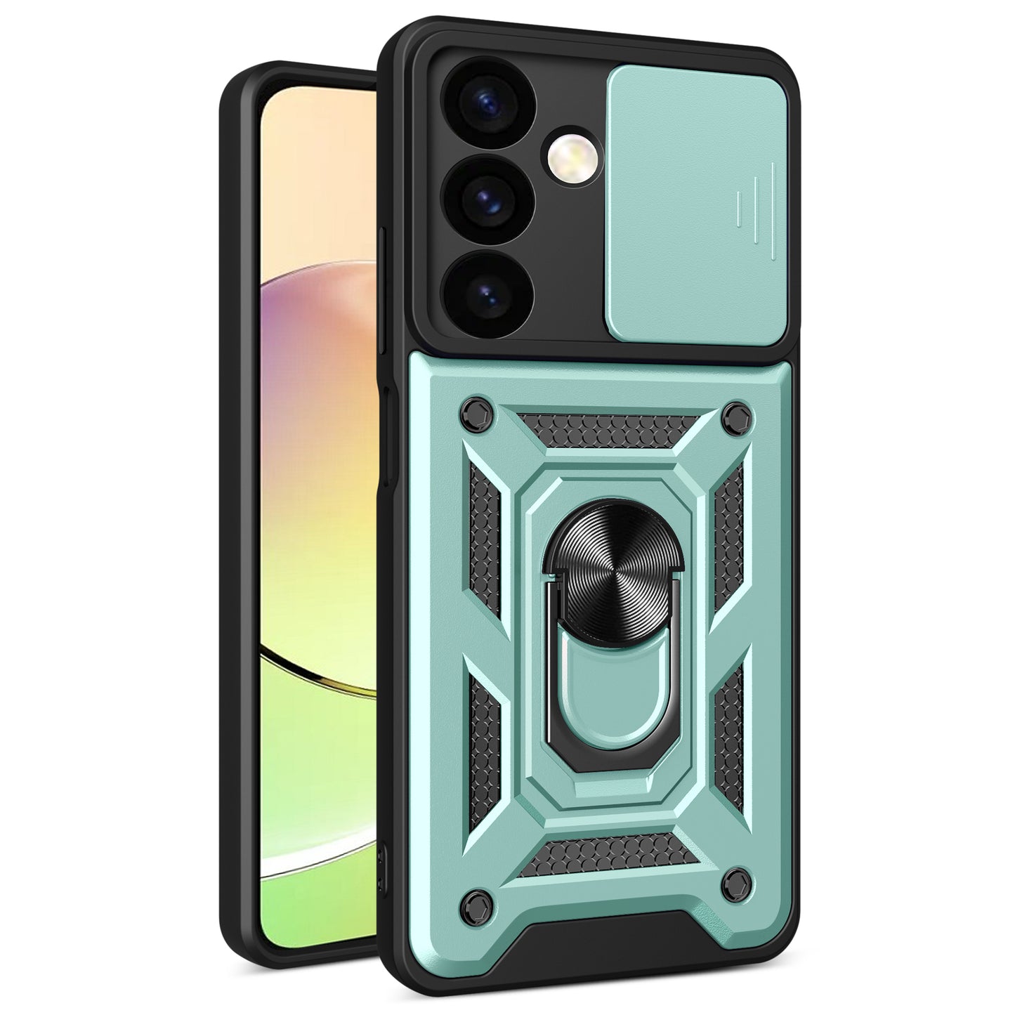 For Samsung Galaxy S24+ Case PC+TPU Kickstand Slide Lens Lid Mobile Phone Cover - Green