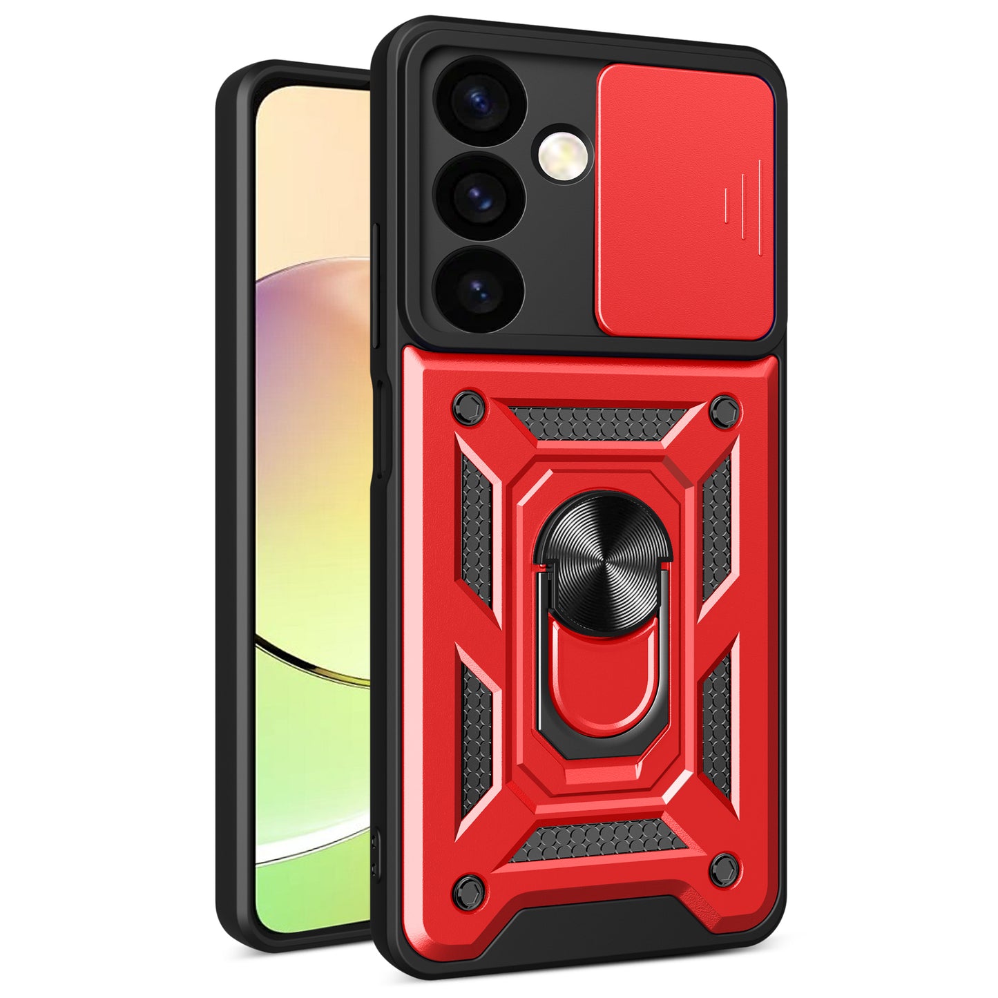For Samsung Galaxy S24+ Case PC+TPU Kickstand Slide Lens Lid Mobile Phone Cover - Red