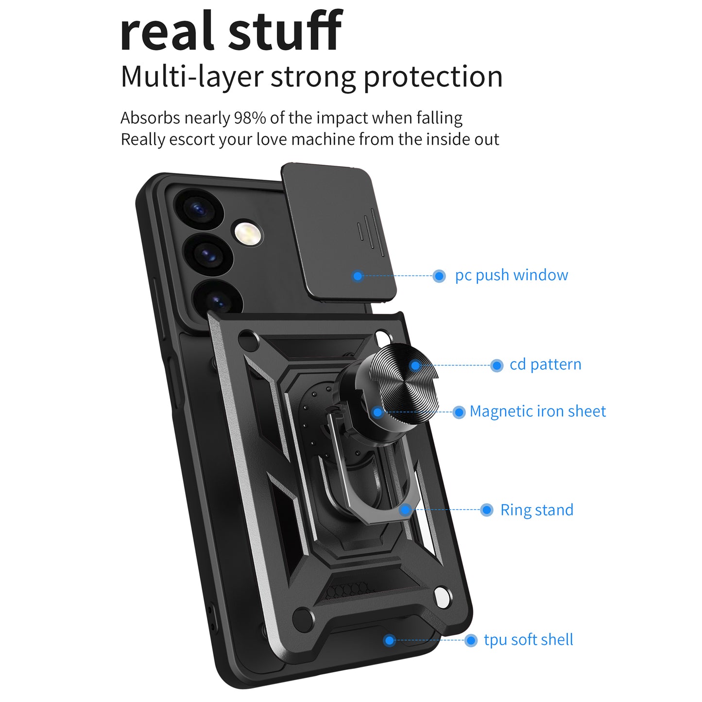 For Samsung Galaxy S24 Case Anti-drop Slide Lens Protection Scratch-resistant PC+TPU Phone Cover - Black