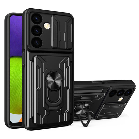 For Samsung Galaxy S24 Phone Case PC+TPU Anti-scratch Kickstand Cover + Slide Lens Protection - Black