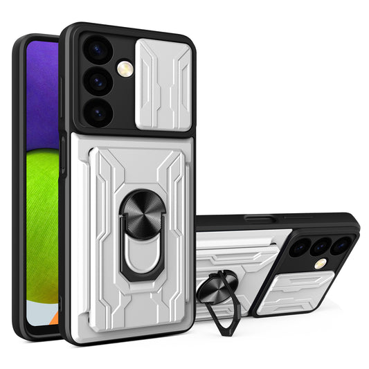 For Samsung Galaxy S24 Phone Case PC+TPU Anti-scratch Kickstand Cover + Slide Lens Protection - White