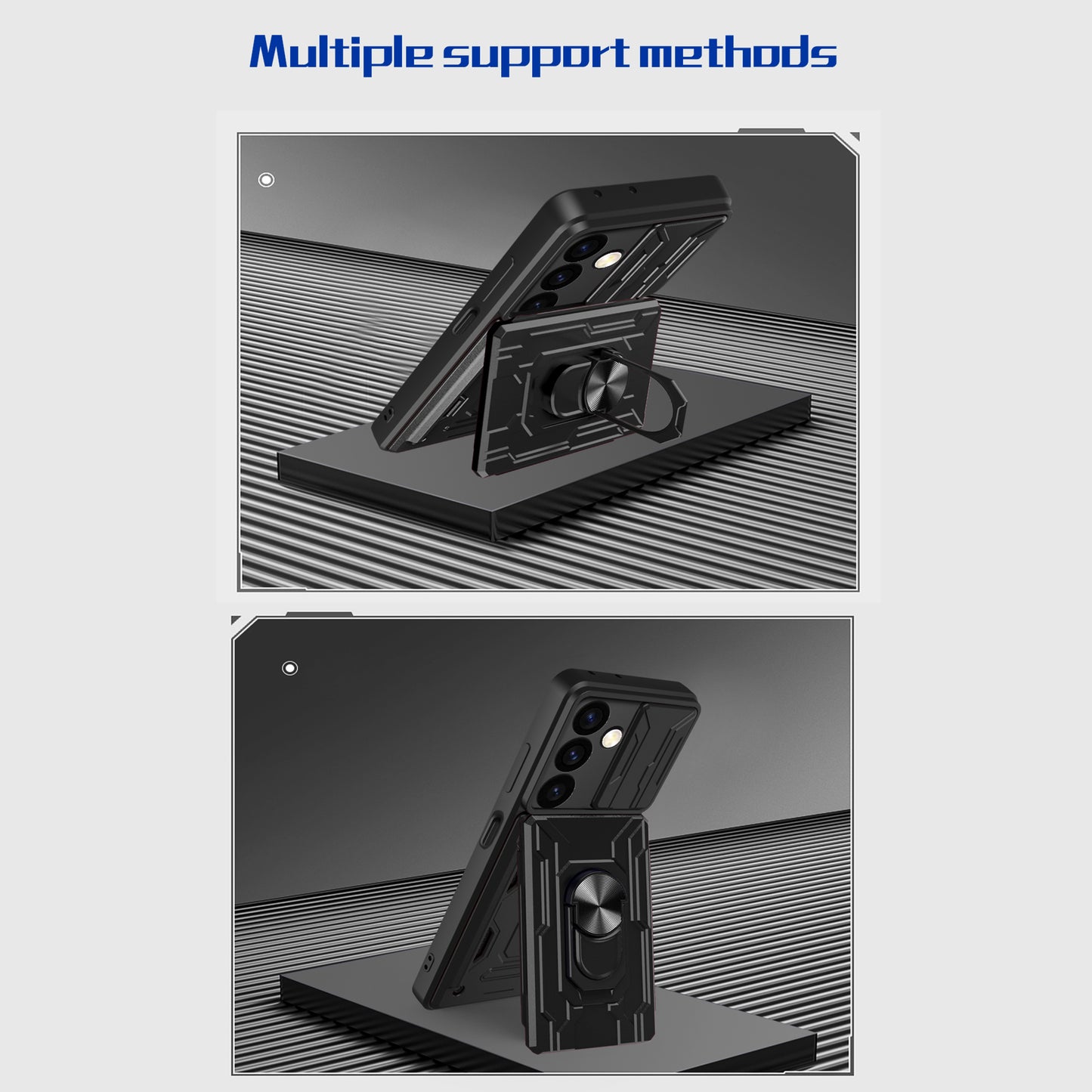 For Samsung Galaxy S24 Phone Case PC+TPU Anti-scratch Kickstand Cover + Slide Lens Protection - White