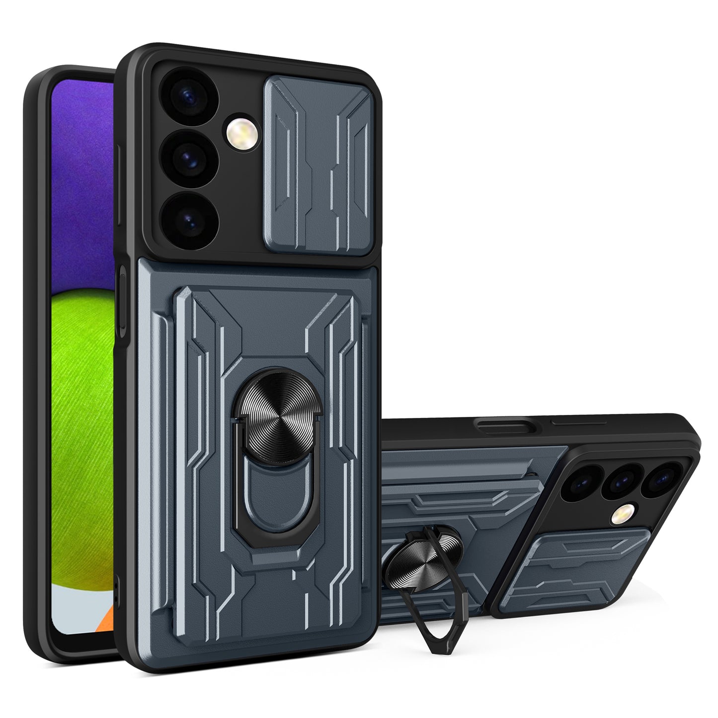 For Samsung Galaxy S24 Phone Case PC+TPU Anti-scratch Kickstand Cover + Slide Lens Protection - Titanium Grey