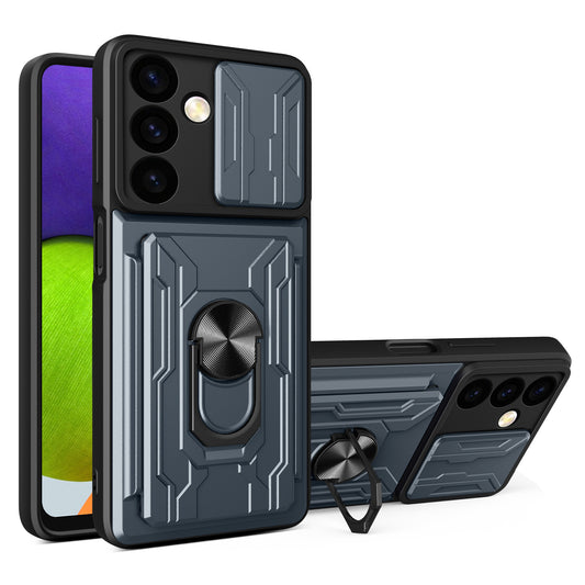 For Samsung Galaxy S24 Phone Case PC+TPU Anti-scratch Kickstand Cover + Slide Lens Protection - Titanium Grey