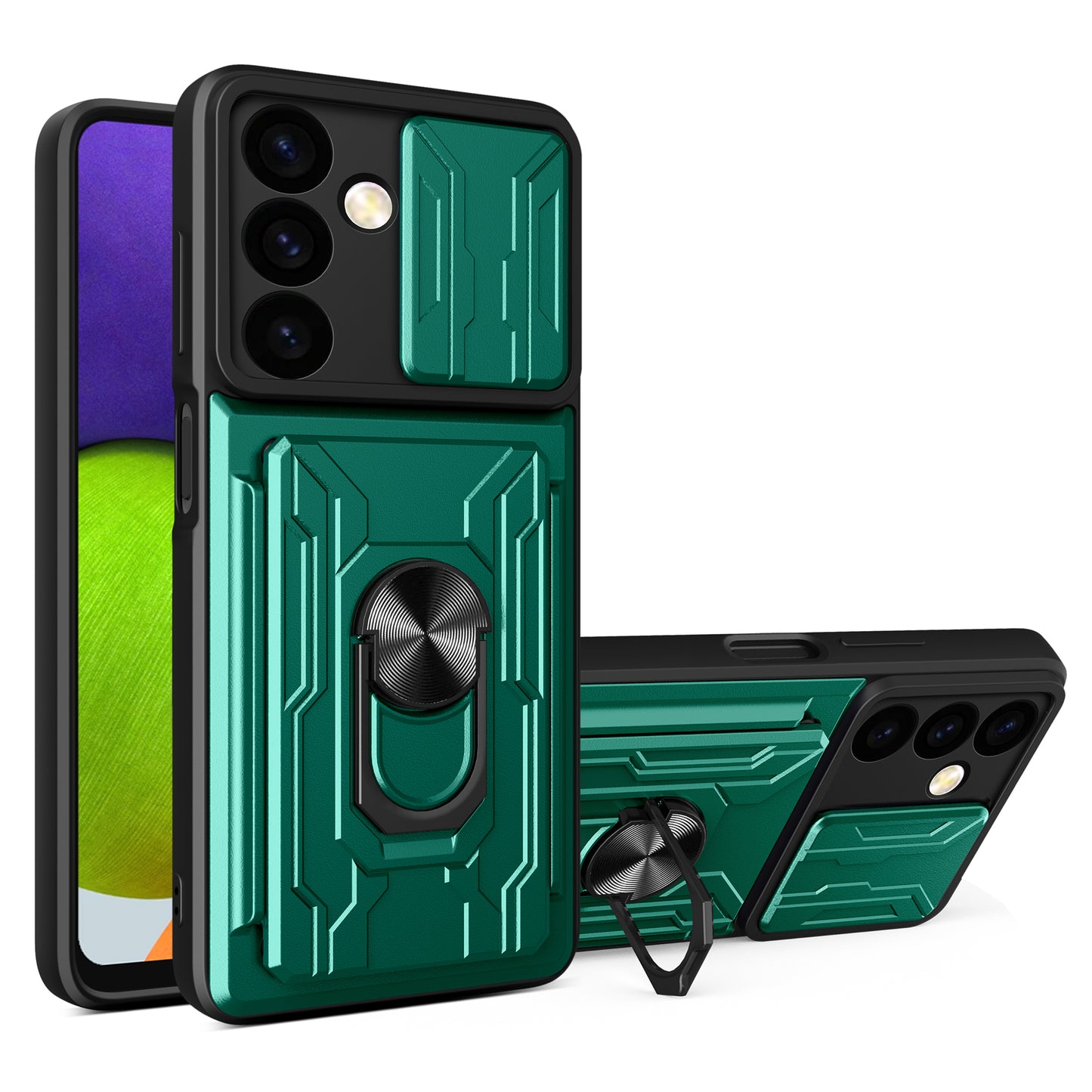 For Samsung Galaxy S24 Phone Case PC+TPU Anti-scratch Kickstand Cover + Slide Lens Protection - Blackish Green