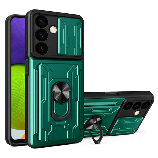 For Samsung Galaxy S24 Phone Case PC+TPU Anti-scratch Kickstand Cover + Slide Lens Protection - Blackish Green