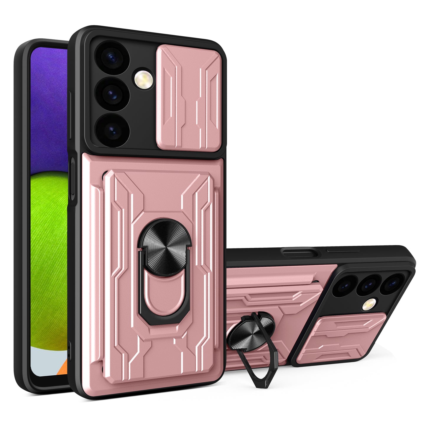 For Samsung Galaxy S24 Phone Case PC+TPU Anti-scratch Kickstand Cover + Slide Lens Protection - Rose Gold