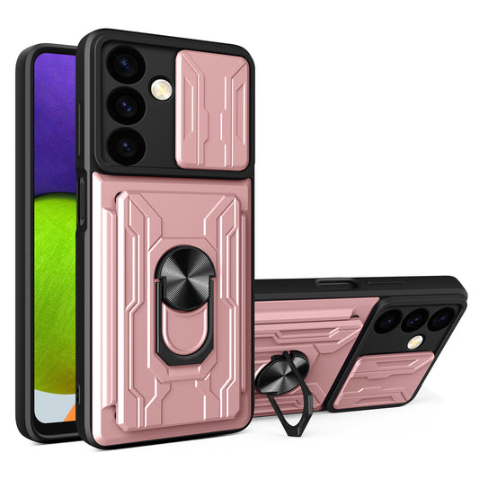 For Samsung Galaxy S24 Phone Case PC+TPU Anti-scratch Kickstand Cover + Slide Lens Protection - Rose Gold