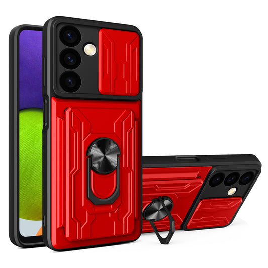 For Samsung Galaxy S24 Phone Case PC+TPU Anti-scratch Kickstand Cover + Slide Lens Protection - Red