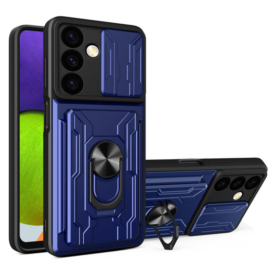For Samsung Galaxy S24 Phone Case PC+TPU Anti-scratch Kickstand Cover + Slide Lens Protection - Sapphire