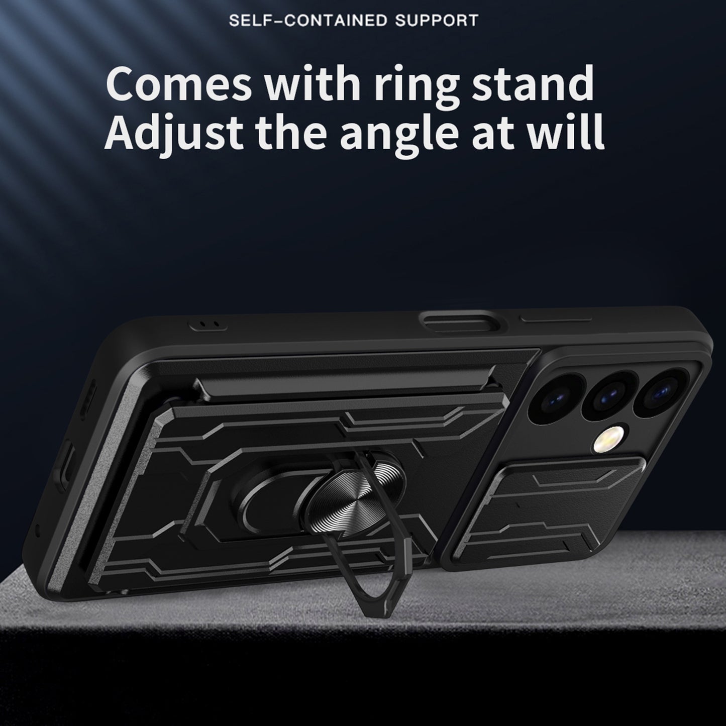 For Samsung Galaxy S24 Phone Case PC+TPU Anti-scratch Kickstand Cover + Slide Lens Protection - Sapphire