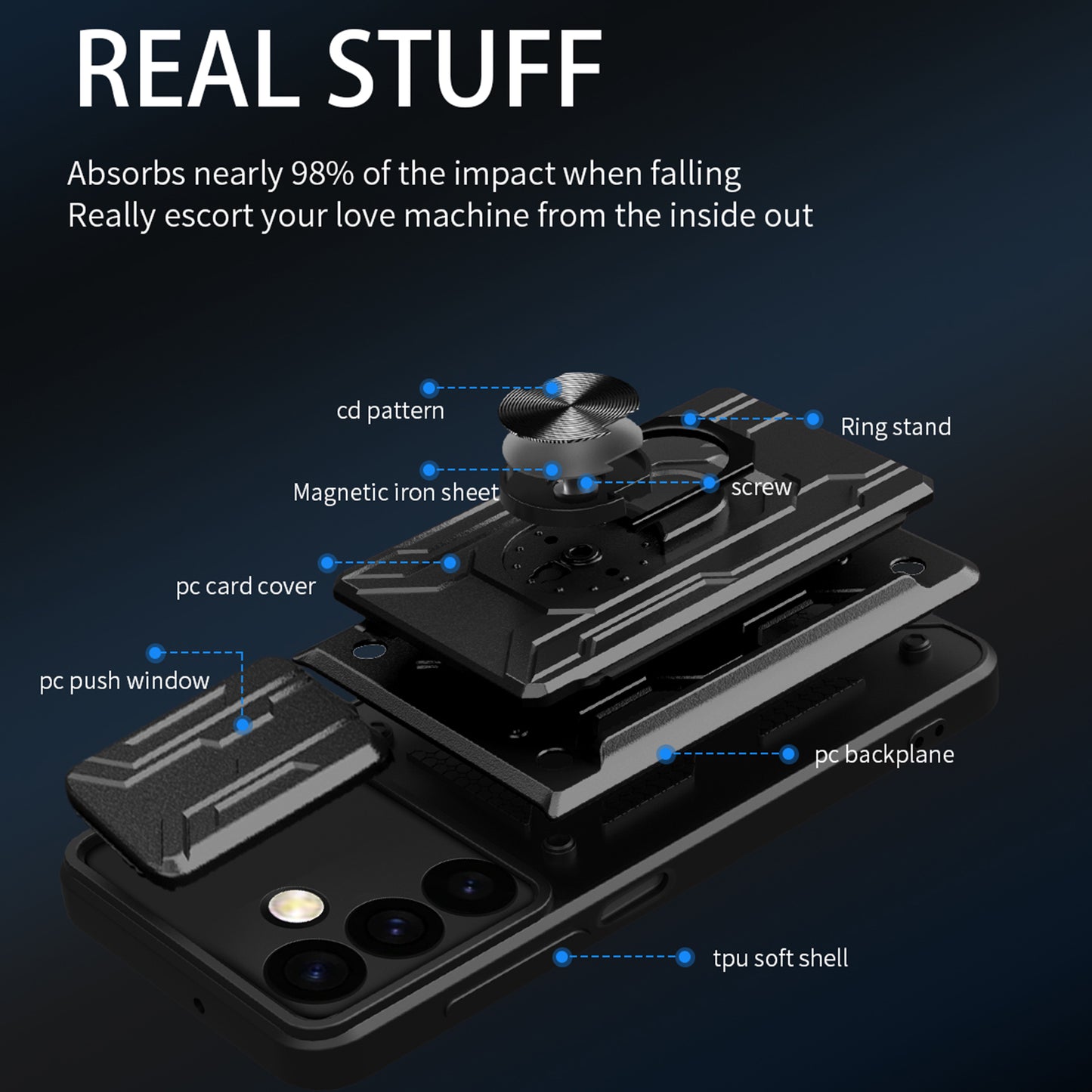 For Samsung Galaxy S24 Phone Case PC+TPU Anti-scratch Kickstand Cover + Slide Lens Protection - Sapphire
