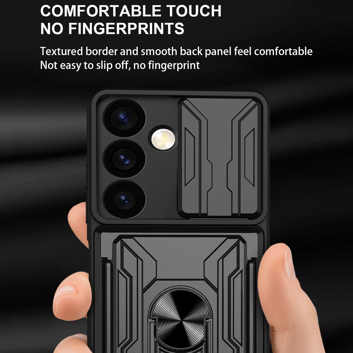 For Samsung Galaxy S24 Phone Case PC+TPU Anti-scratch Kickstand Cover + Slide Lens Protection - Sapphire