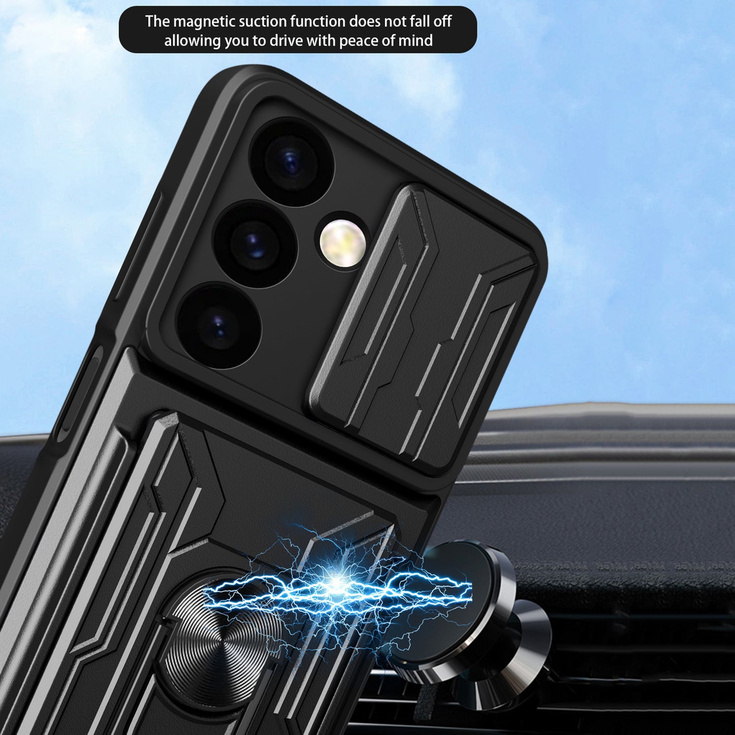 For Samsung Galaxy S24 Phone Case PC+TPU Anti-scratch Kickstand Cover + Slide Lens Protection - Sapphire