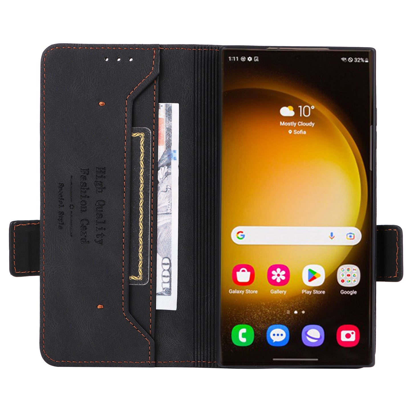 For Samsung Galaxy S24 Ultra Case Hardware Decor Anti-scratch PU Leather Phone Cover - Black