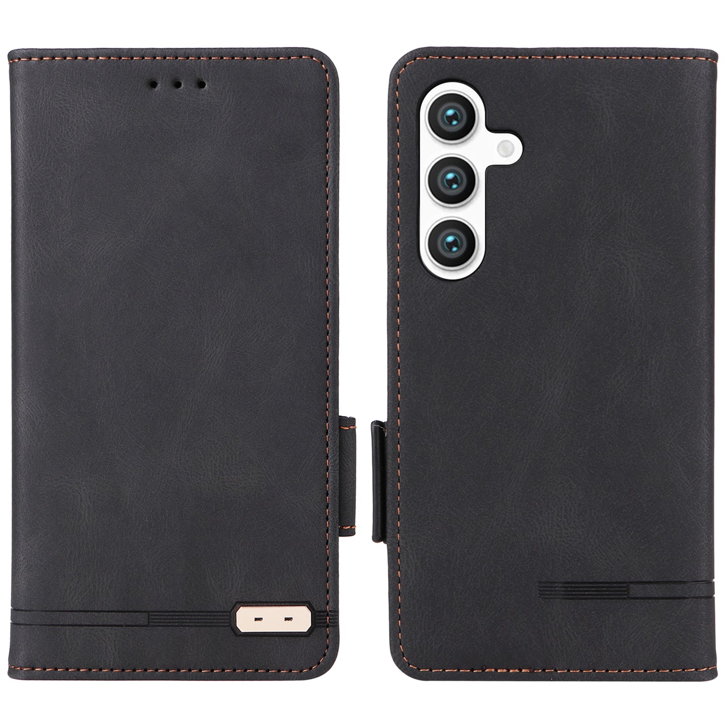 For Samsung Galaxy S24+ Case Wallet Hardware Decor Leather Smart Phone Cover - Black