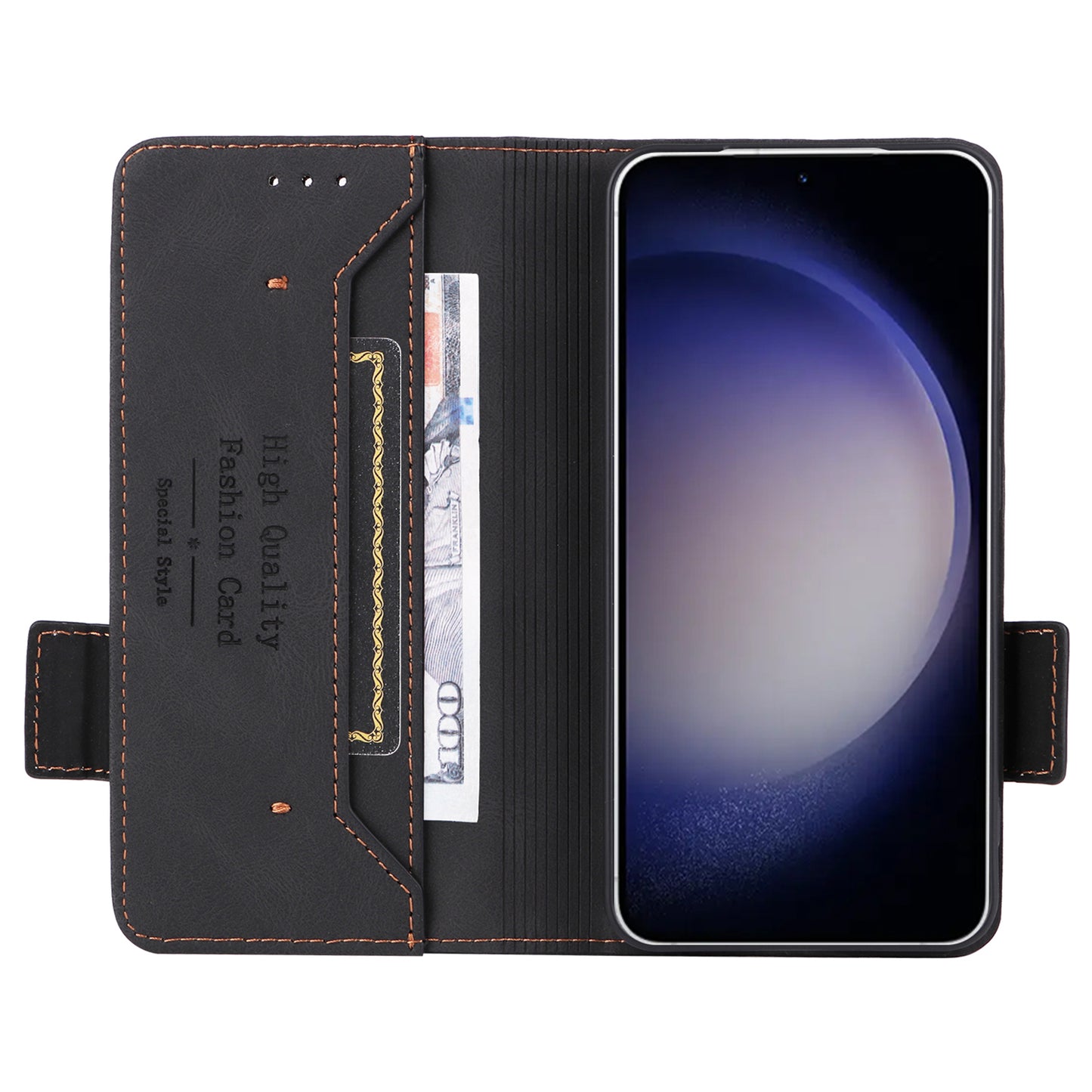 For Samsung Galaxy S24+ Case Wallet Hardware Decor Leather Smart Phone Cover - Black