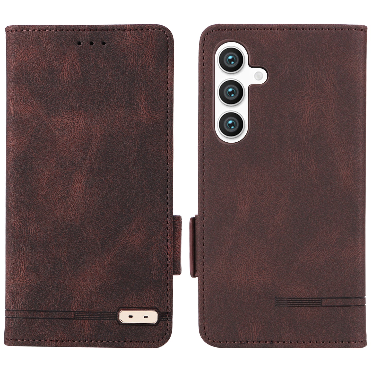 For Samsung Galaxy S24+ Case Wallet Hardware Decor Leather Smart Phone Cover - Coffee