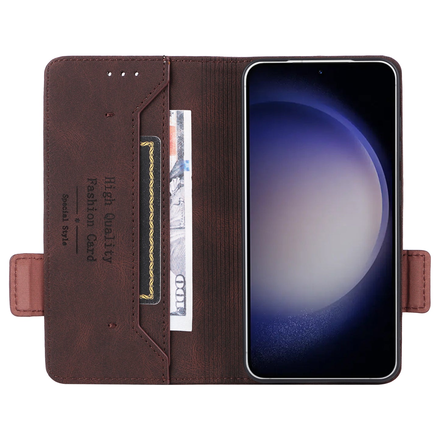For Samsung Galaxy S24+ Case Wallet Hardware Decor Leather Smart Phone Cover - Coffee