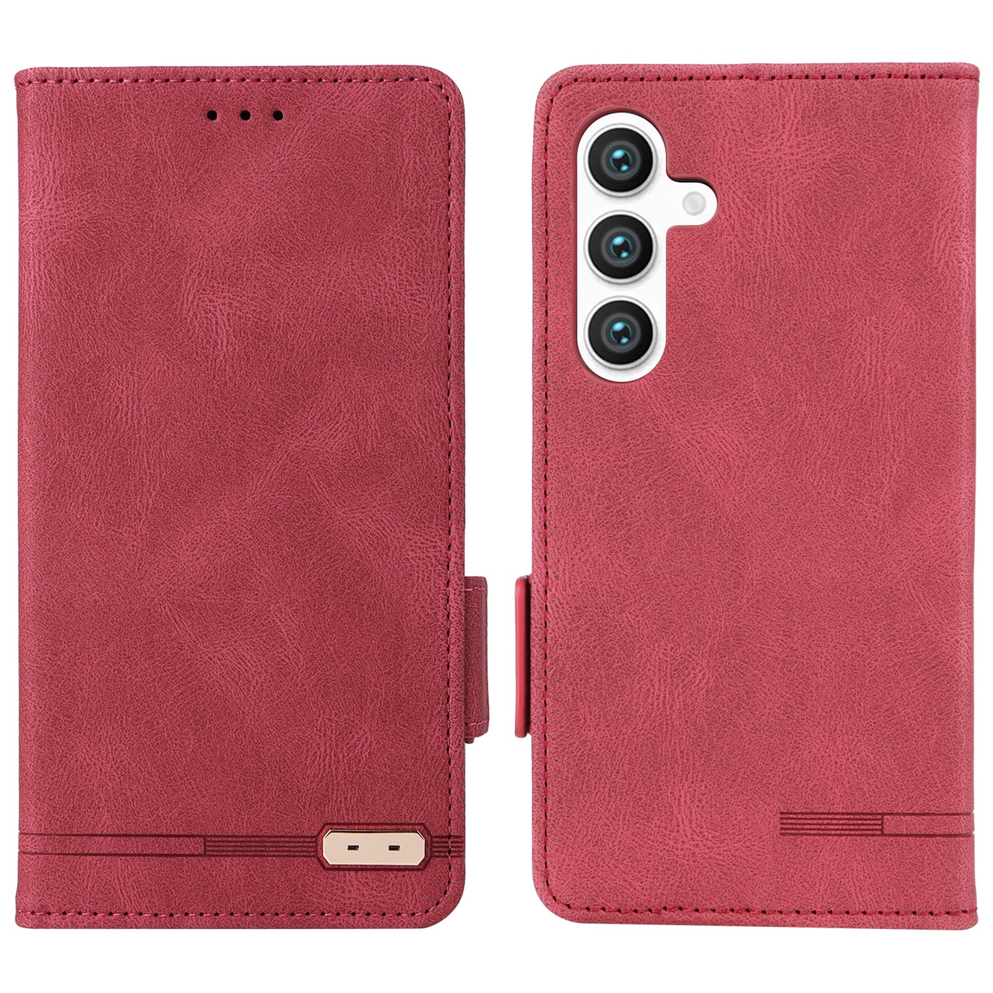 For Samsung Galaxy S24 Case PU Leather Wallet Stand Hardware Decor Phone Protector - Rose