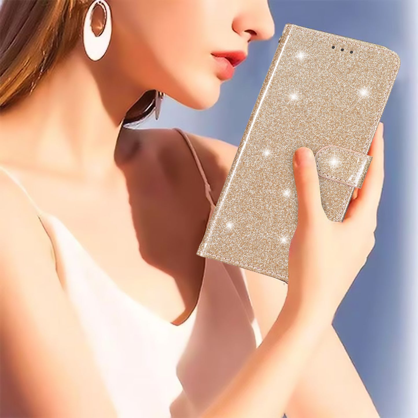 For Samsung Galaxy S24 Case Glittery PU Leather Anti-drop Wallet Cover - Gold