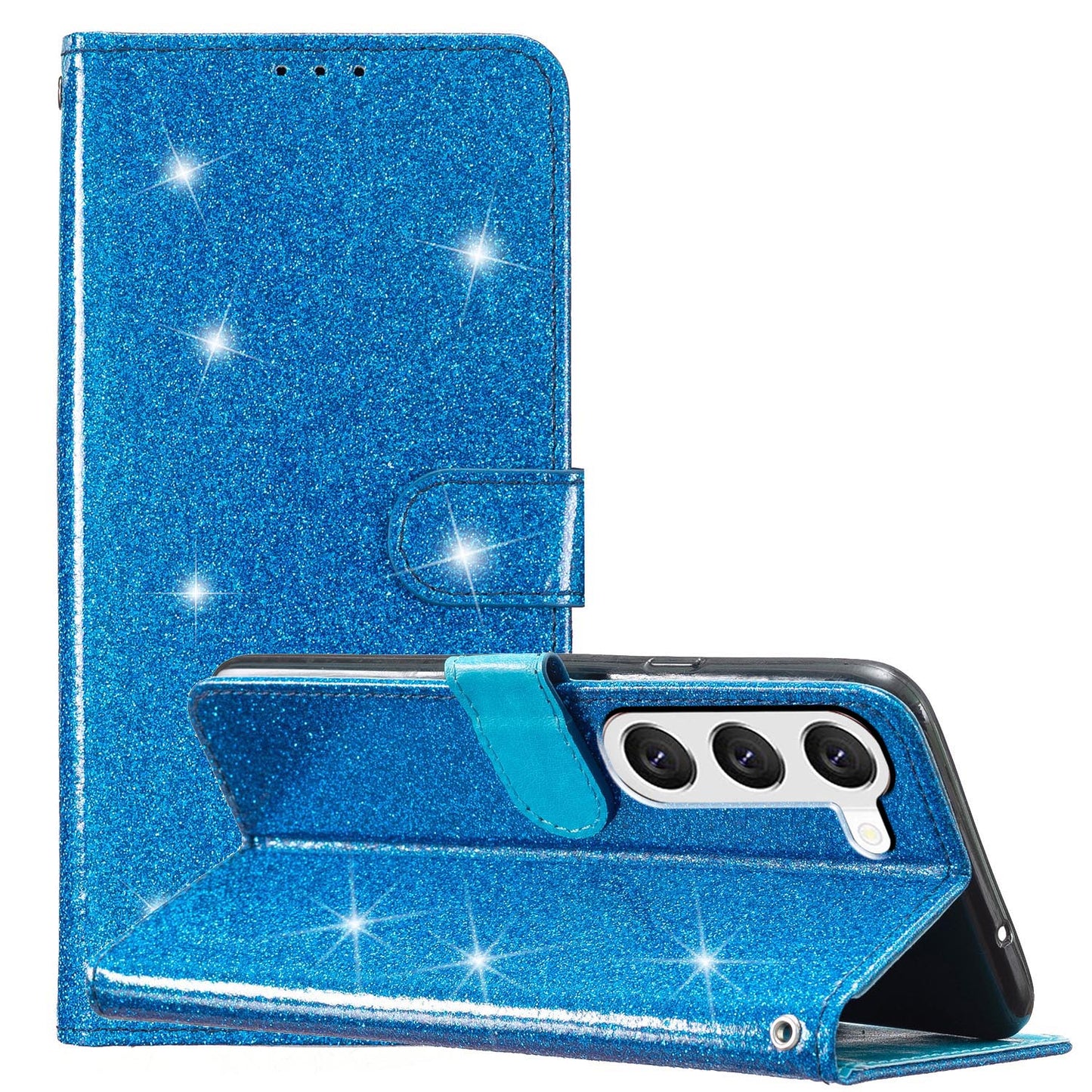 For Samsung Galaxy S24 Case Glittery PU Leather Anti-drop Wallet Cover - Blue