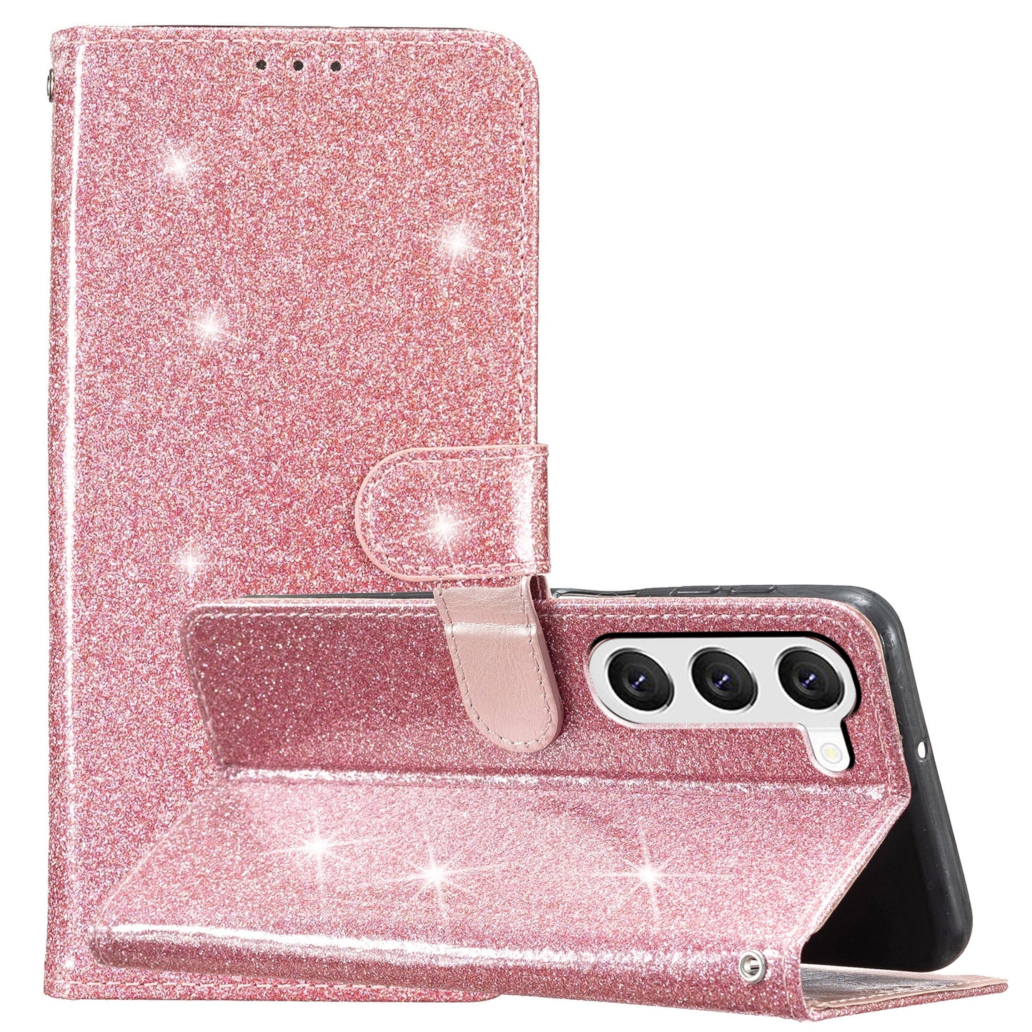 For Samsung Galaxy S24 Case Glittery PU Leather Anti-drop Wallet Cover - Rose Gold
