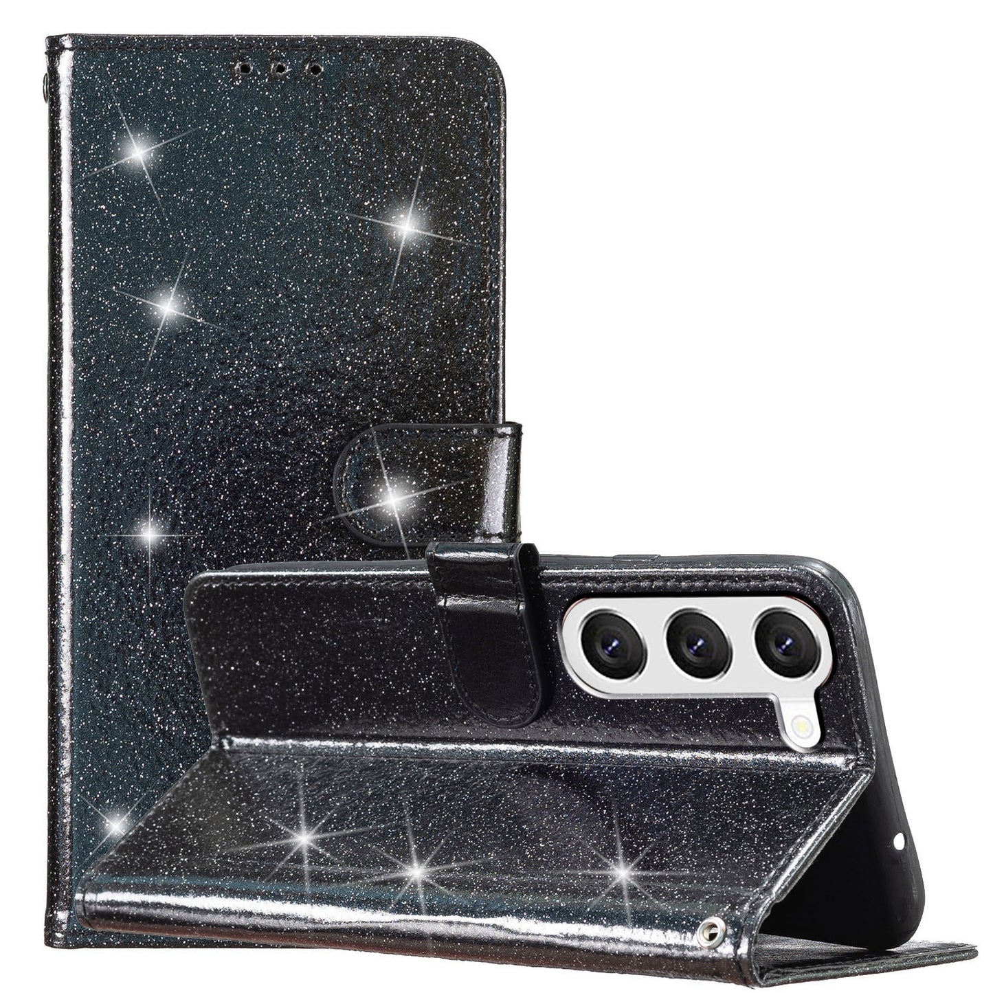 For Samsung Galaxy S24+ Case Glittery Phone Cover with Wallet Stand - Black