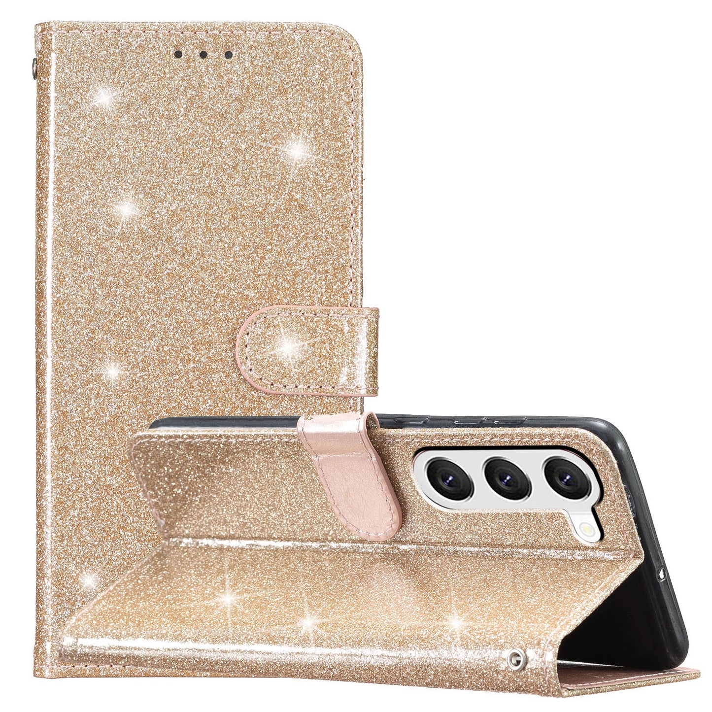 For Samsung Galaxy S24+ Case Glittery Phone Cover with Wallet Stand - Gold