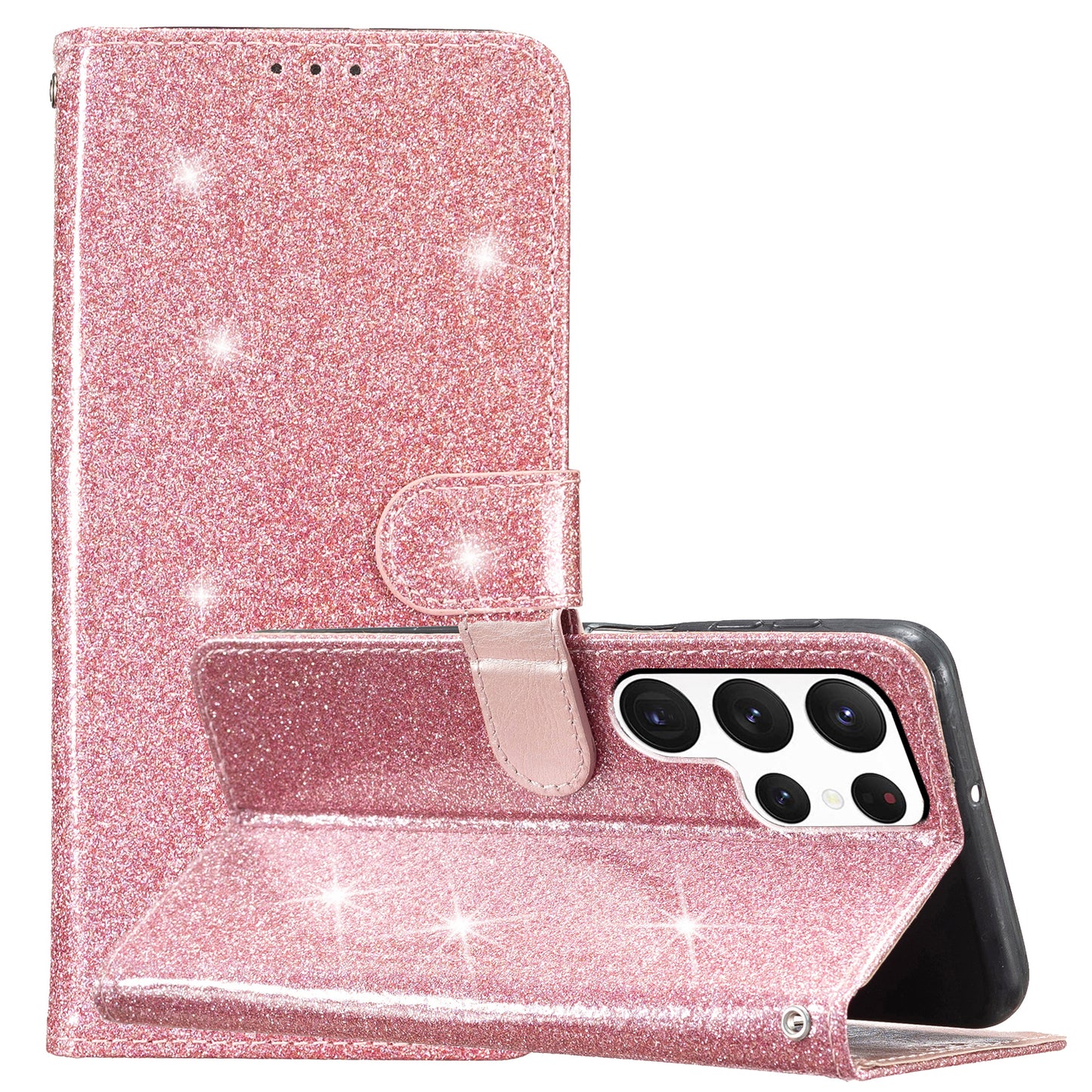 For Samsung Galaxy S24 Ultra Case PU Leather Wallet Glitter Phone Cover - Rose Gold