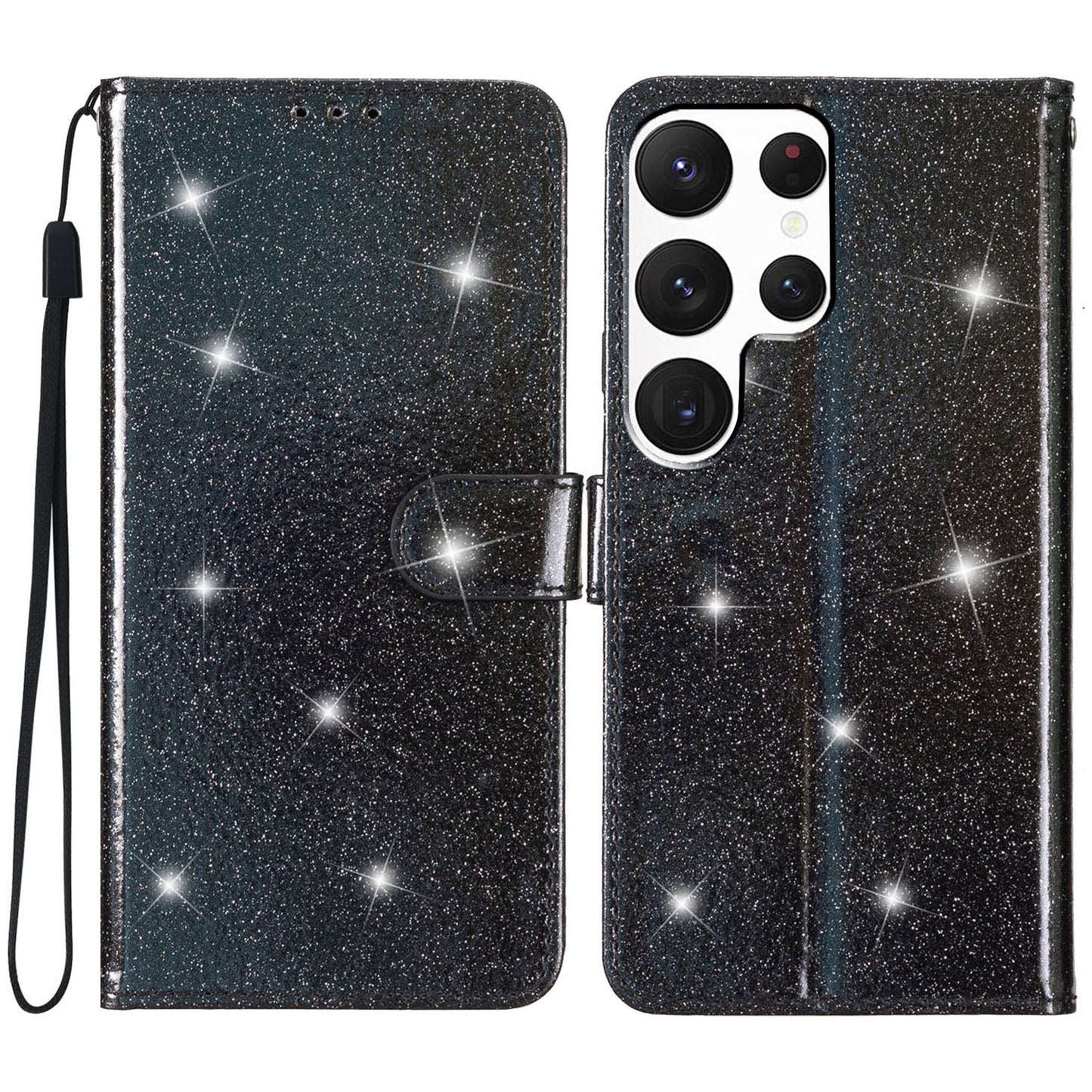 For Samsung Galaxy S24 Ultra Case PU Leather Wallet Glitter Phone Cover - Black