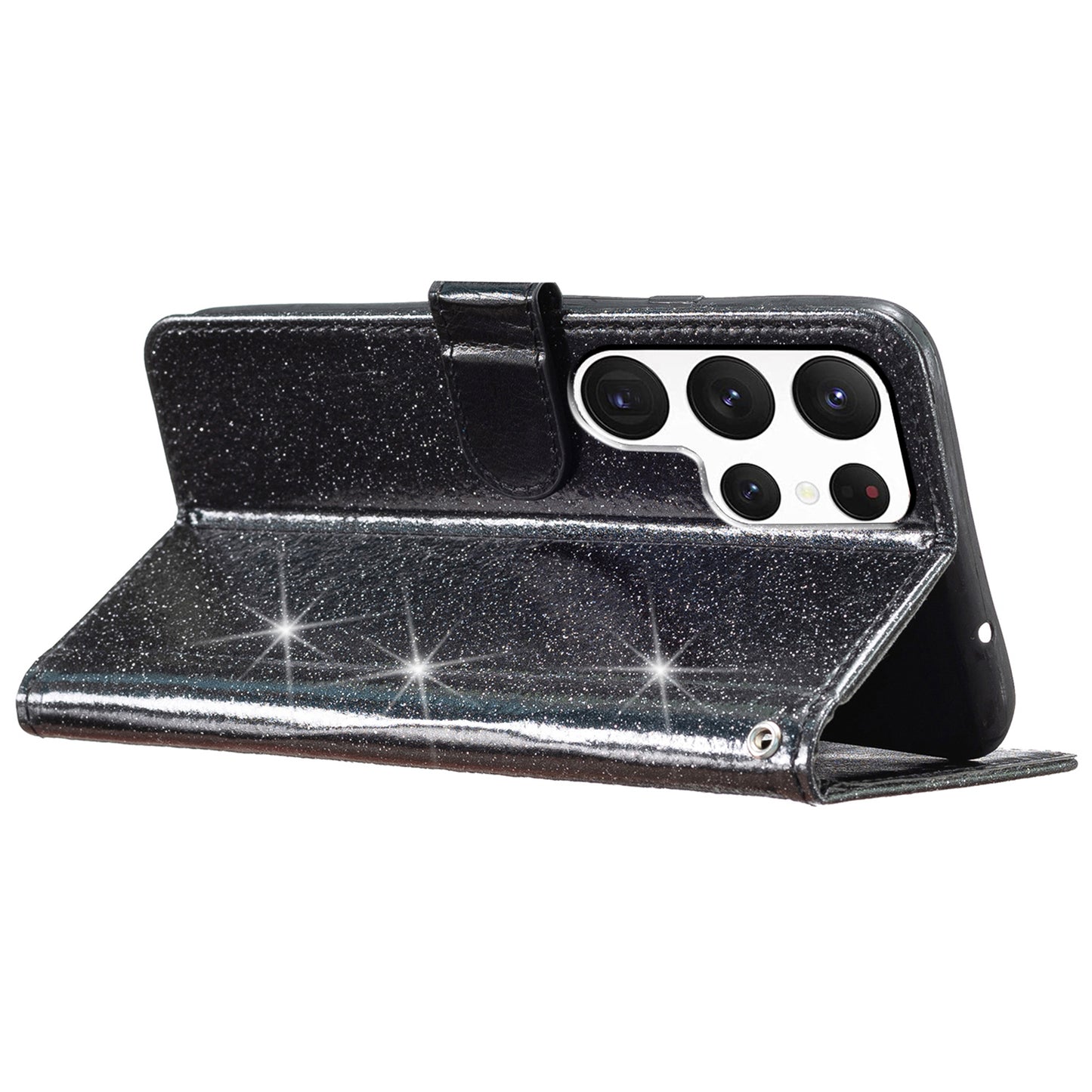 For Samsung Galaxy S24 Ultra Case PU Leather Wallet Glitter Phone Cover - Black