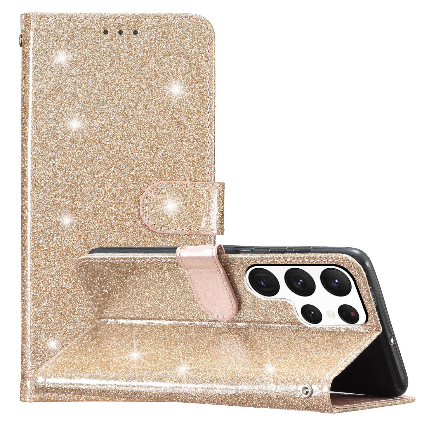 For Samsung Galaxy S24 Ultra Case PU Leather Wallet Glitter Phone Cover - Gold