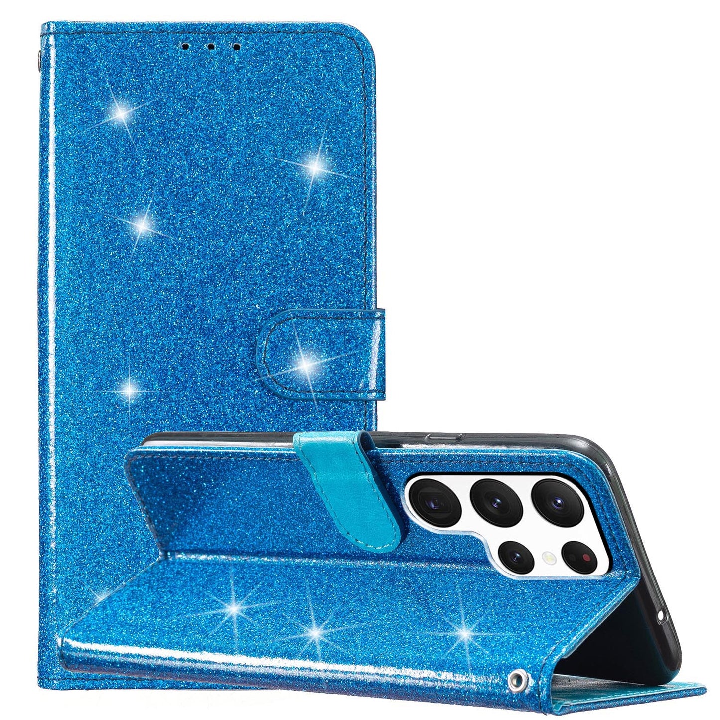 For Samsung Galaxy S24 Ultra Case PU Leather Wallet Glitter Phone Cover - Blue
