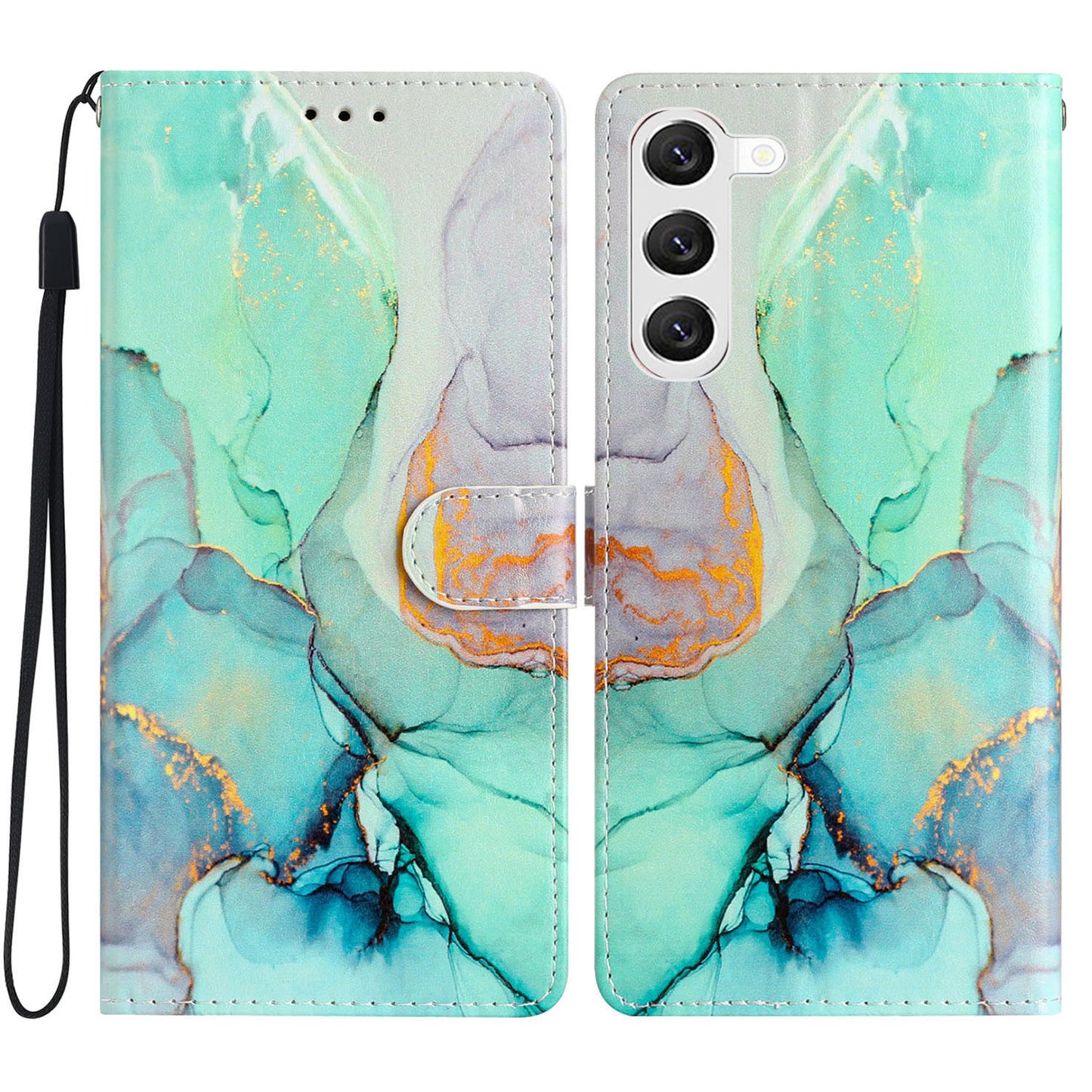 For Samsung Galaxy S24 Case Pattern Printing PU Leather Stand Phone Cover - Green Marble