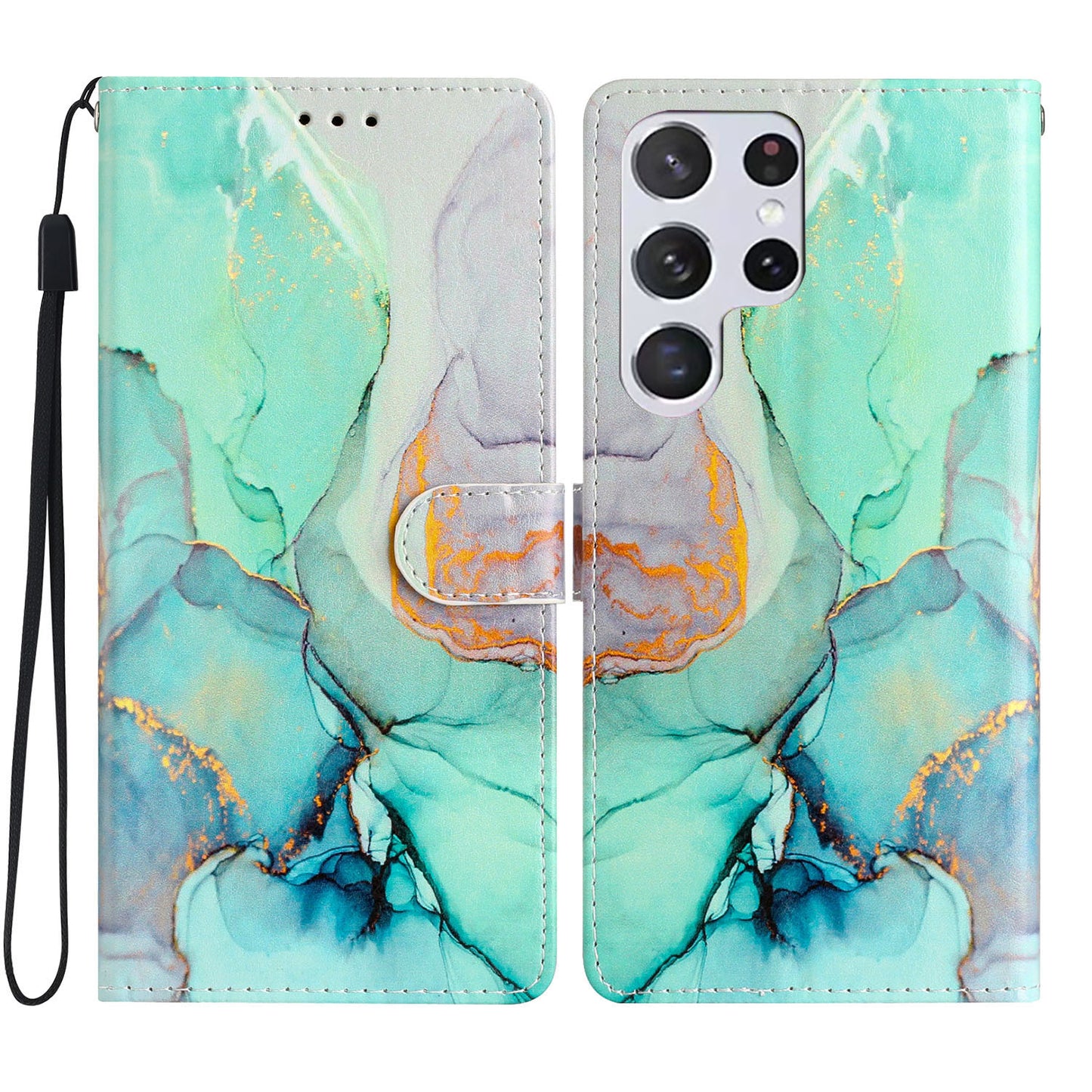 For Samsung Galaxy S24 Ultra Case PU Leather Flip Pattern Printing Phone Cover - Green Marble