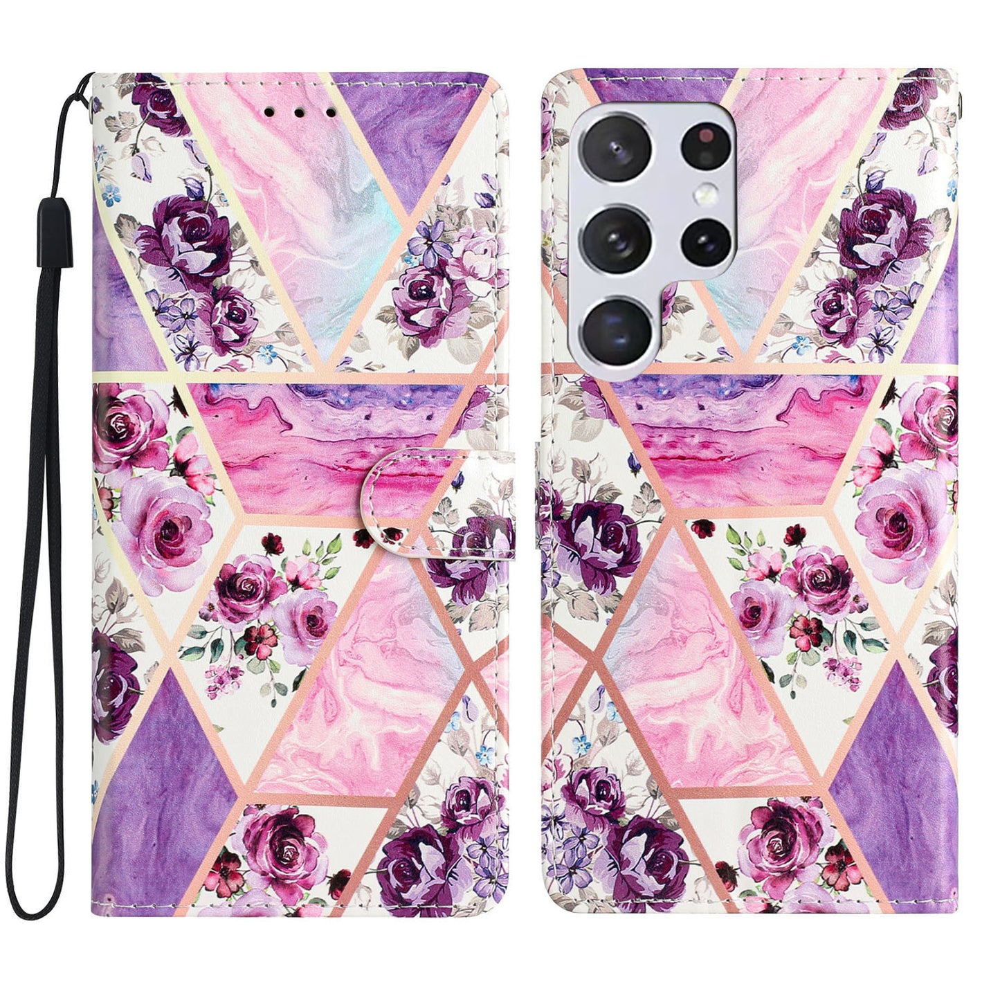 For Samsung Galaxy S24 Ultra Case PU Leather Flip Pattern Printing Phone Cover - Purple Flowers