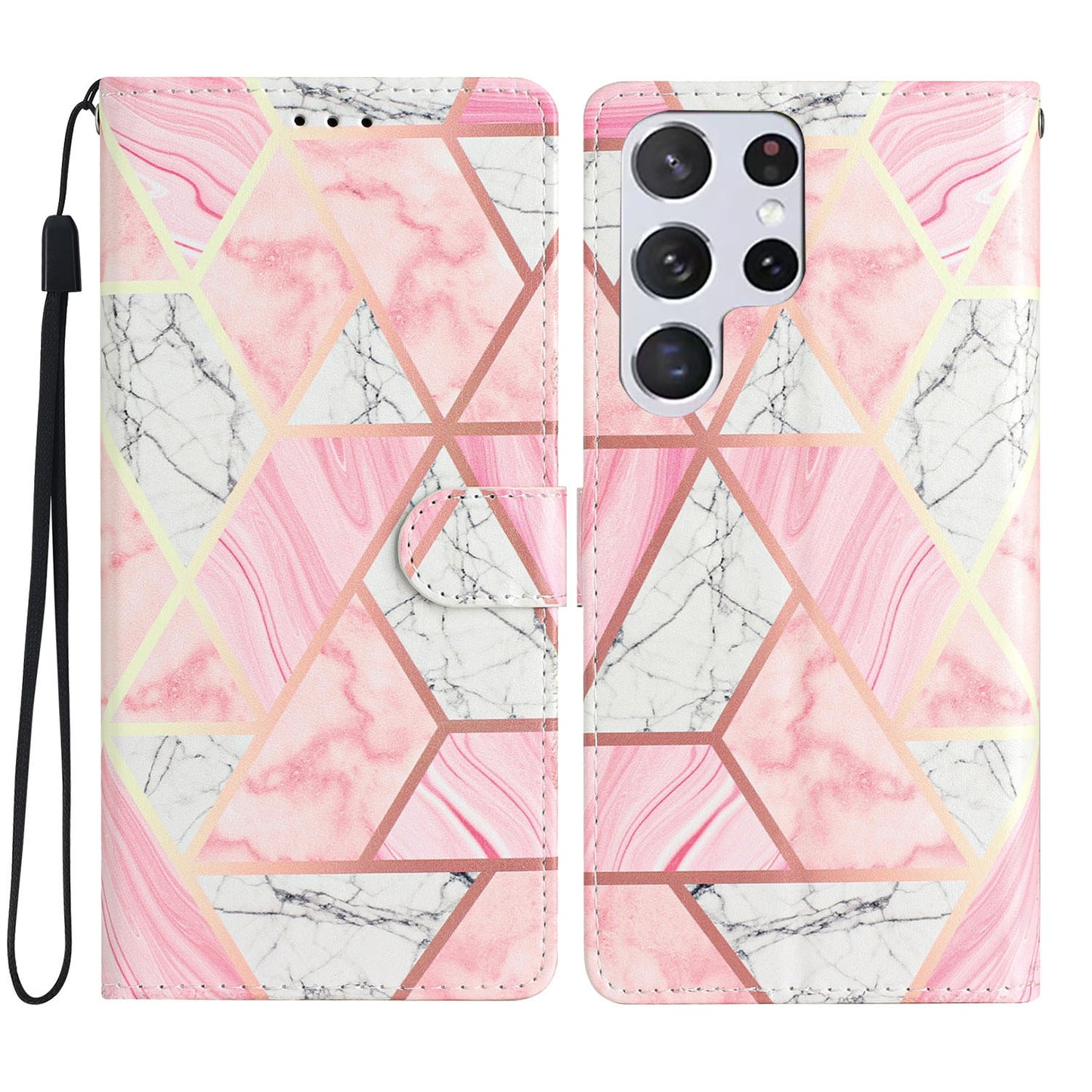 For Samsung Galaxy S24 Ultra Case PU Leather Flip Pattern Printing Phone Cover - Pink Marble