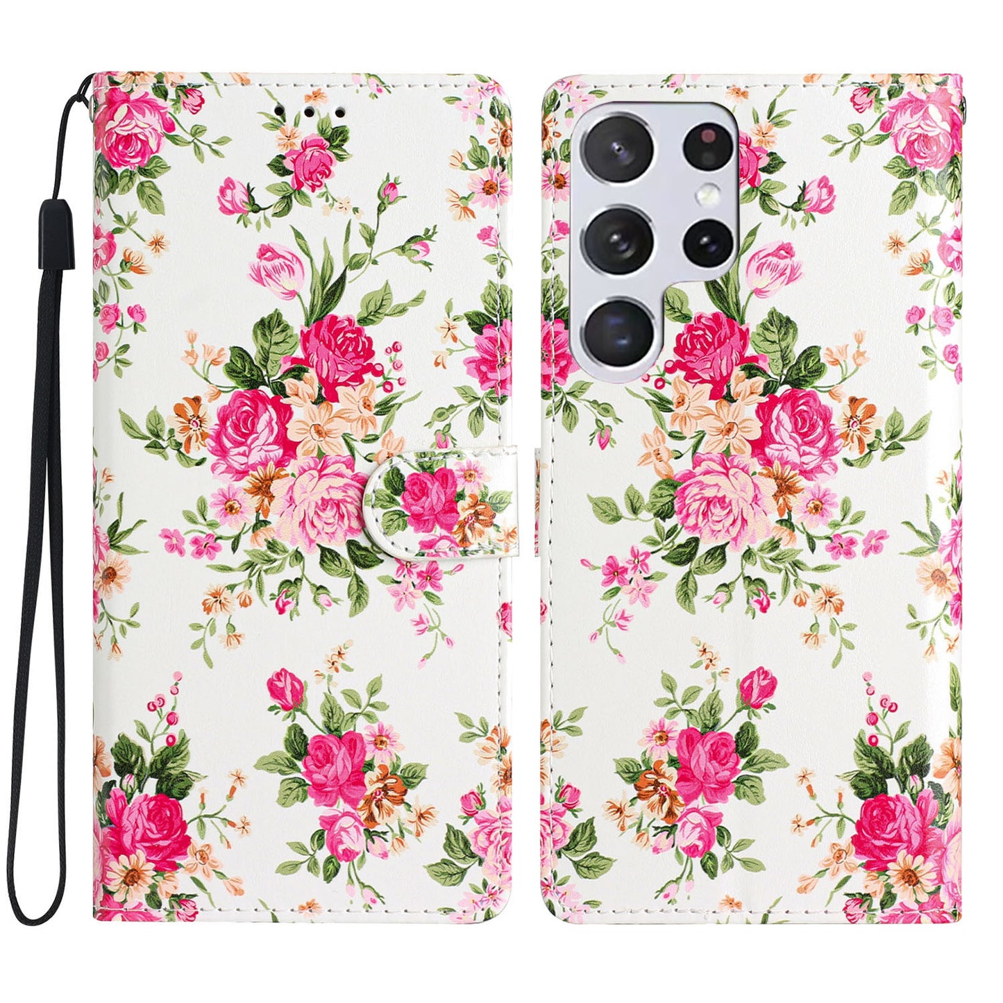 For Samsung Galaxy S24 Ultra Case PU Leather Flip Pattern Printing Phone Cover - Red Flowers