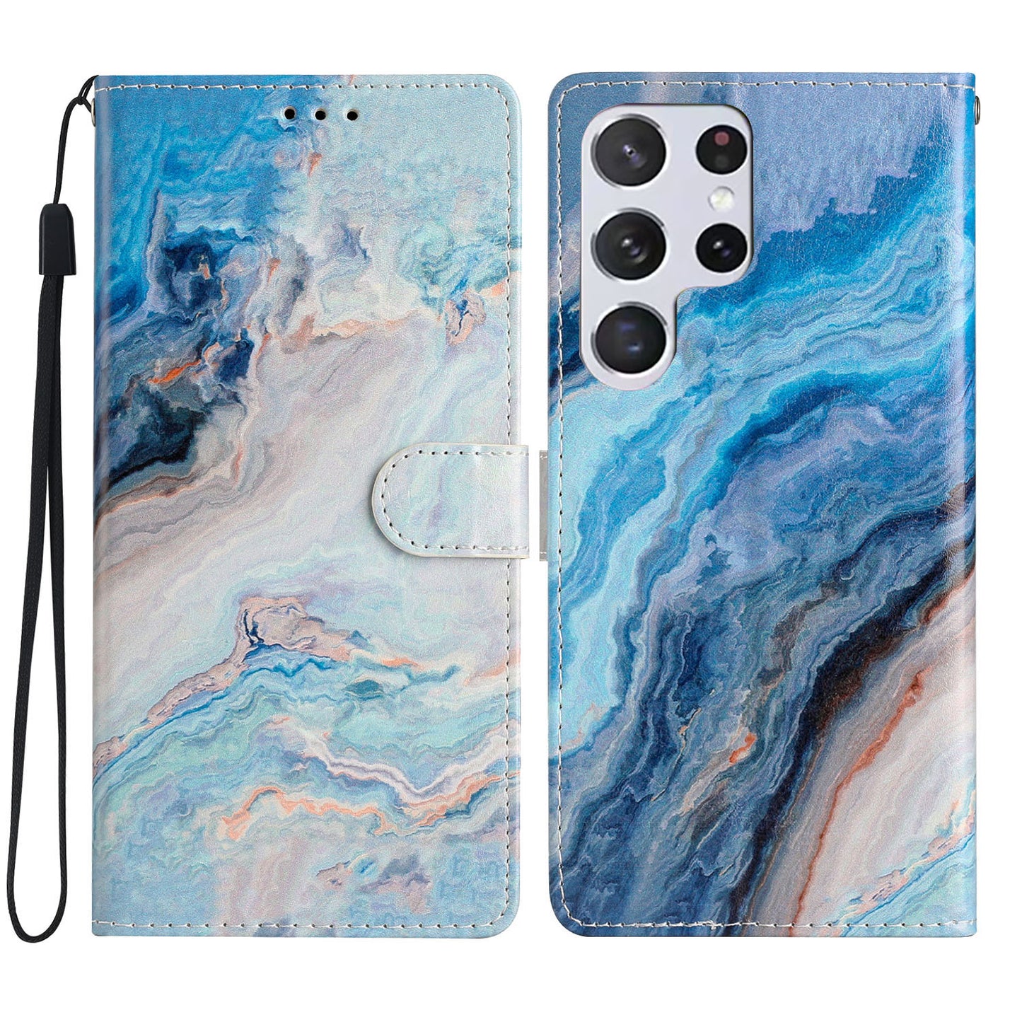 For Samsung Galaxy S24 Ultra Case PU Leather Flip Pattern Printing Phone Cover - Blue Marble