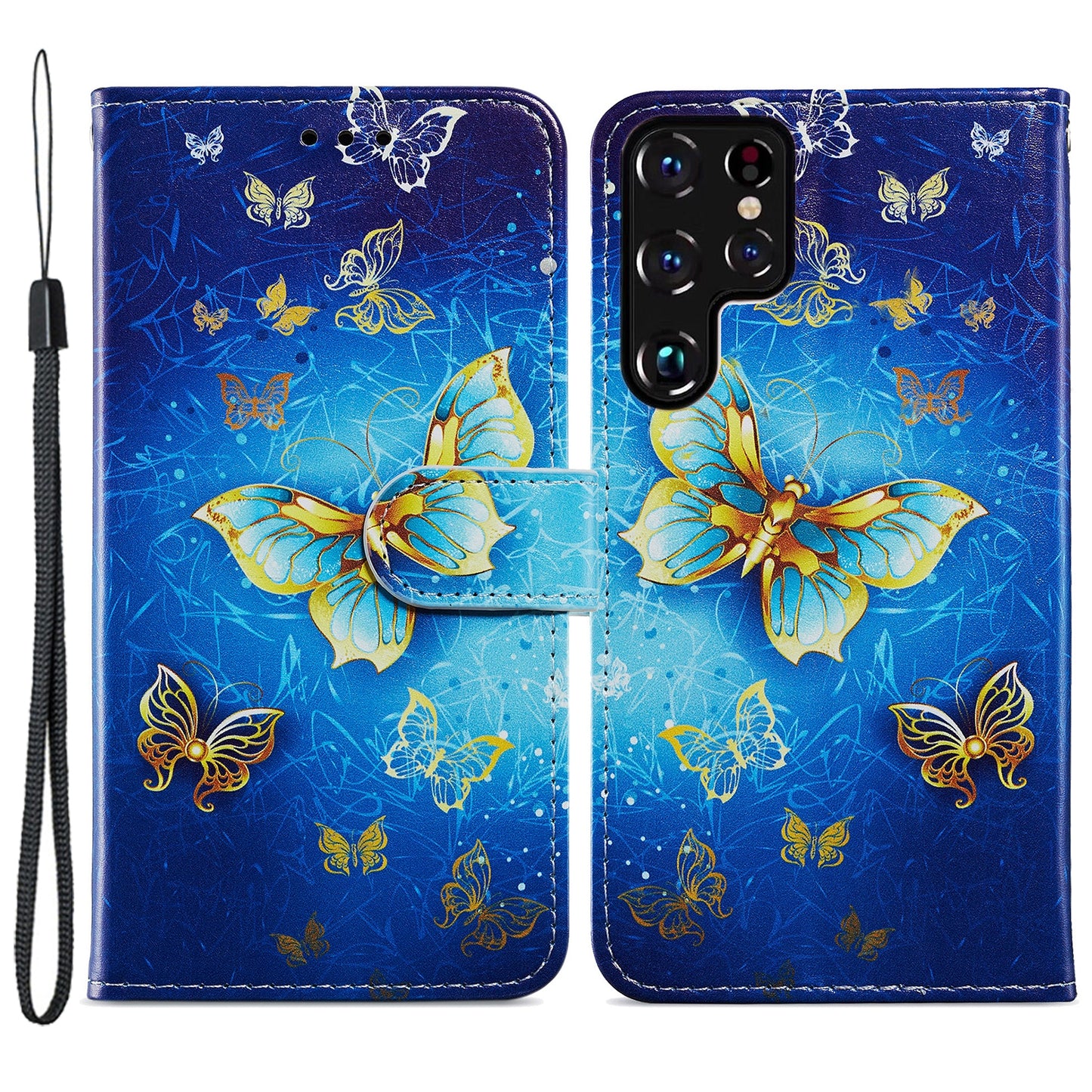 For Samsung Galaxy S24 Ultra Case PU Leather Flip Pattern Printing Phone Cover - Golden Butterfly