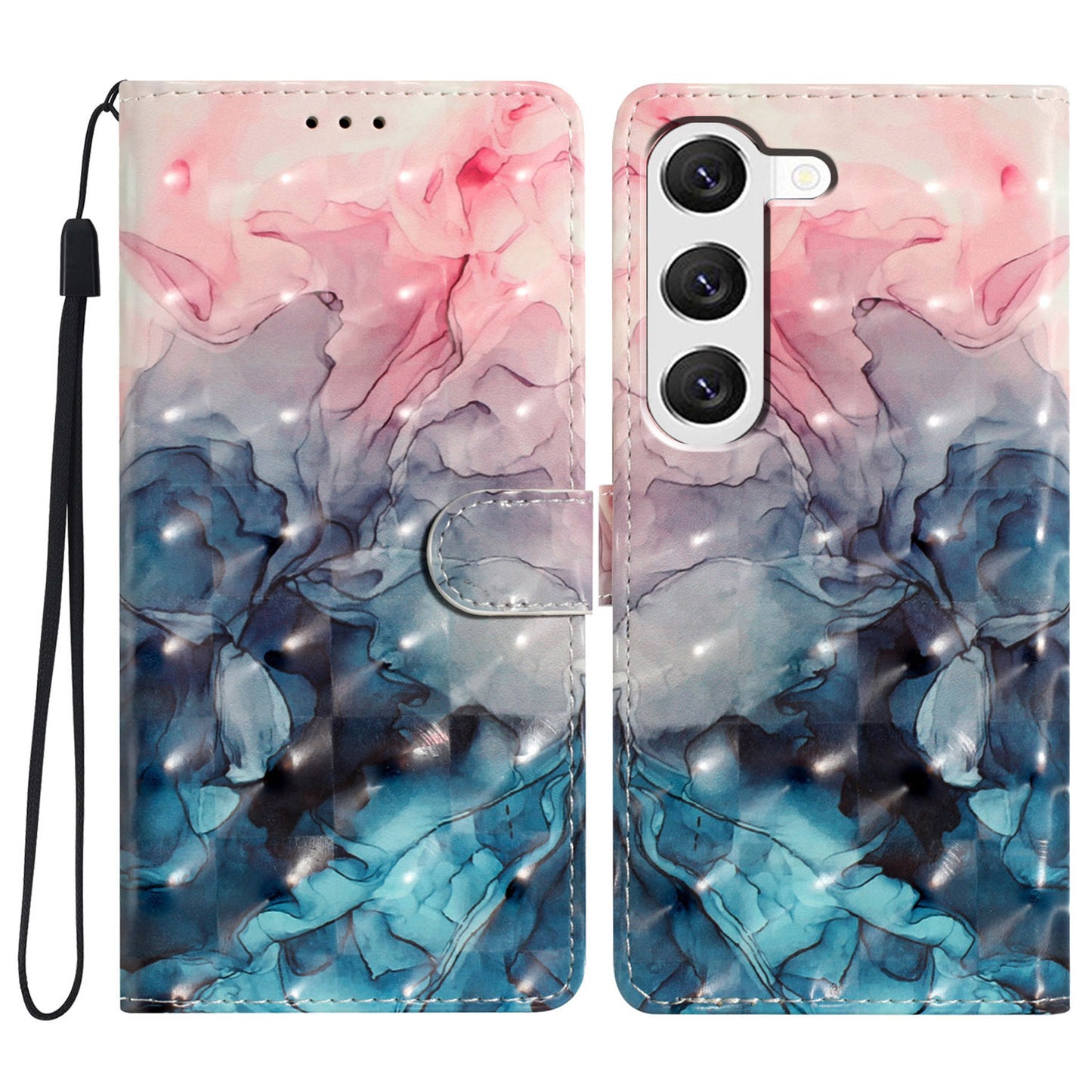 For Samsung Galaxy S24+ Case 3D Pattern PU Leather Flip Phone Cover - Pink Blue Marble