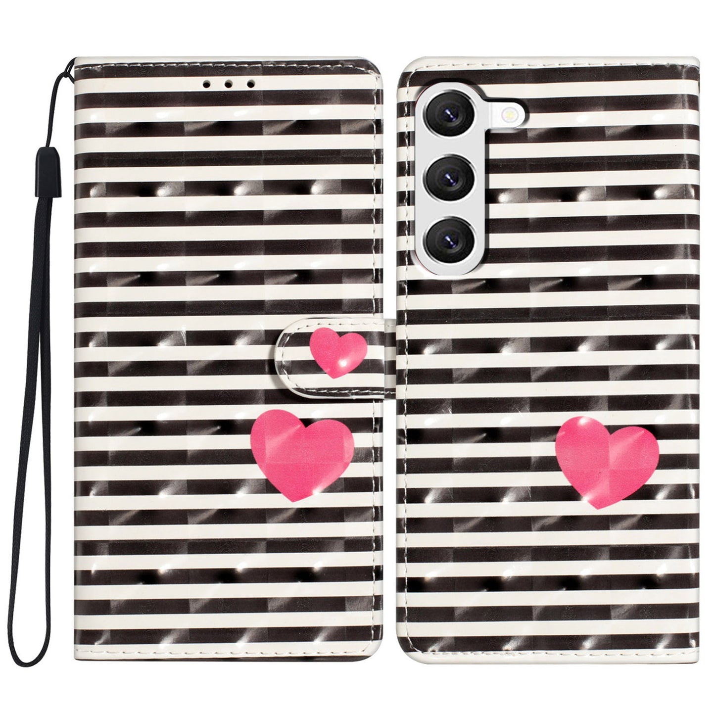 For Samsung Galaxy S24+ Case 3D Pattern PU Leather Flip Phone Cover - Stripes / Heart