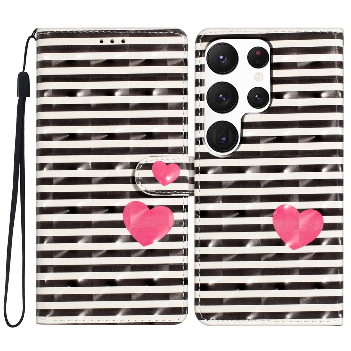 For Samsung Galaxy S24 Ultra Case PU Leather Wallet 3D Pattern Phone Cover - Stripes / Heart