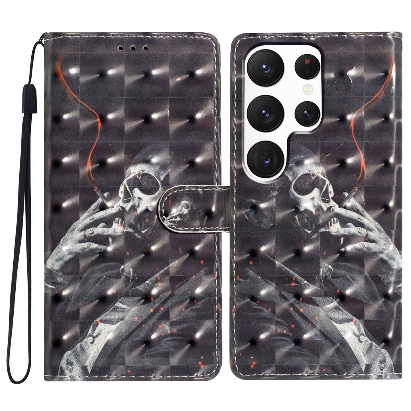 For Samsung Galaxy S24 Ultra Case PU Leather Wallet 3D Pattern Phone Cover - Smoking Skeleton